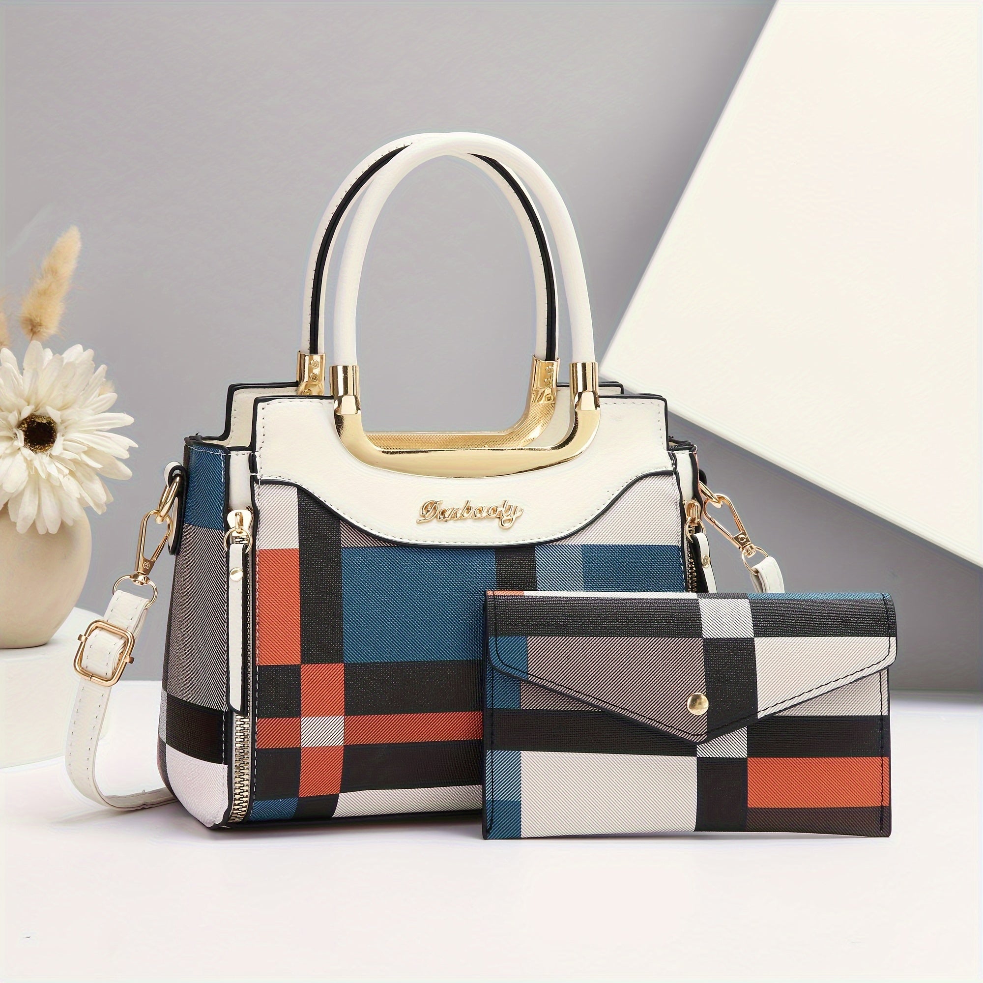 CHROSGEKEIDI Elegant Plaid Tote and Crossbody Bag Set,