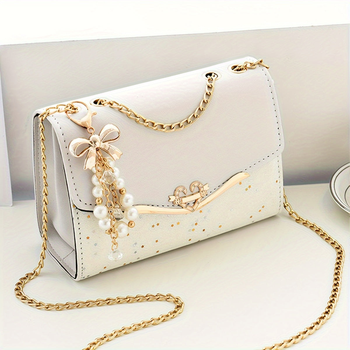 Fashion Polka Dot Beige PU Shoulder Bag .