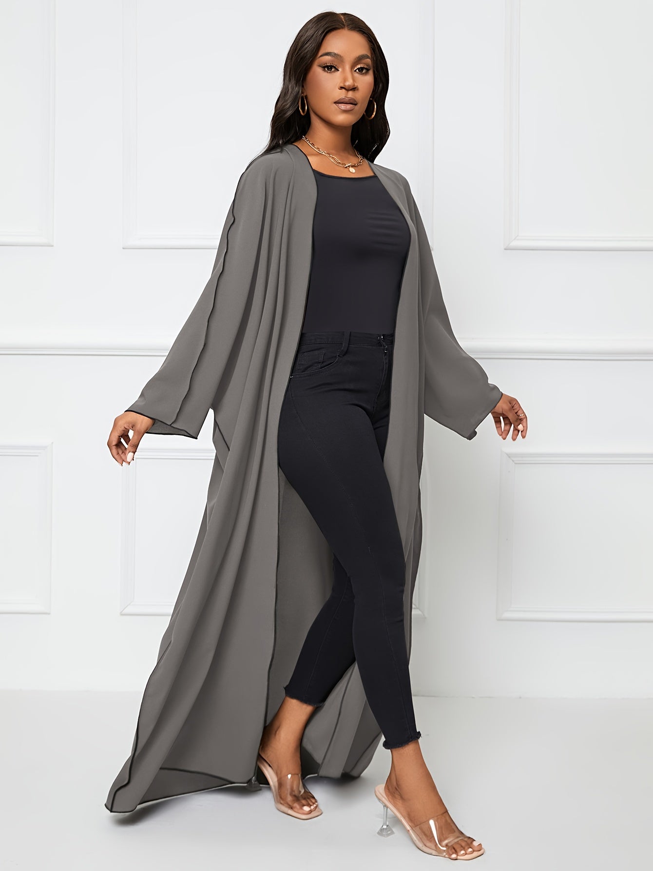 Solid Crew Neck Long Sleeve Kaftan Dress, /MH