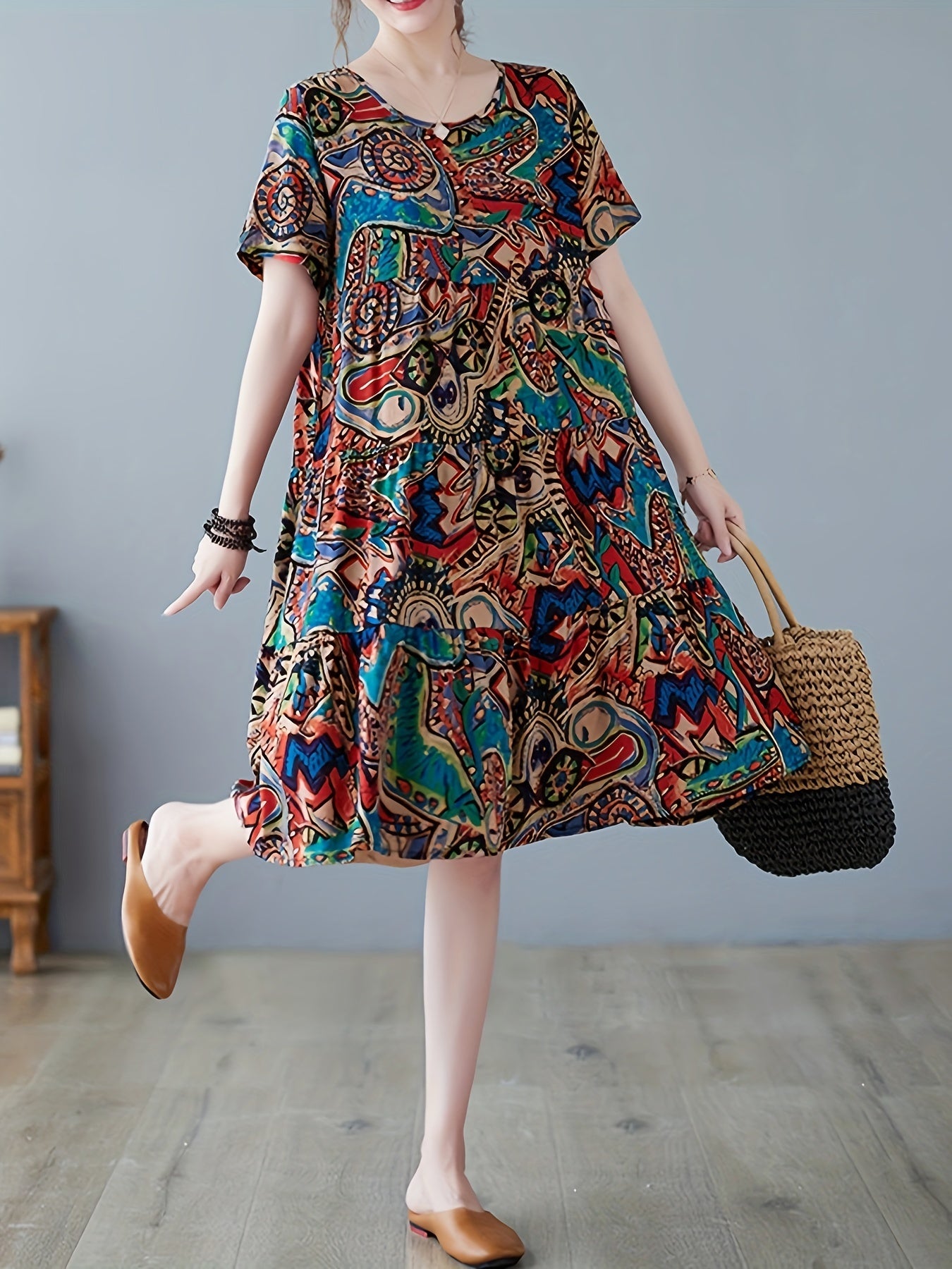 Paisley Print Crew Neck Dress, Casual Short Sleeve Loose Fit Dress./MH