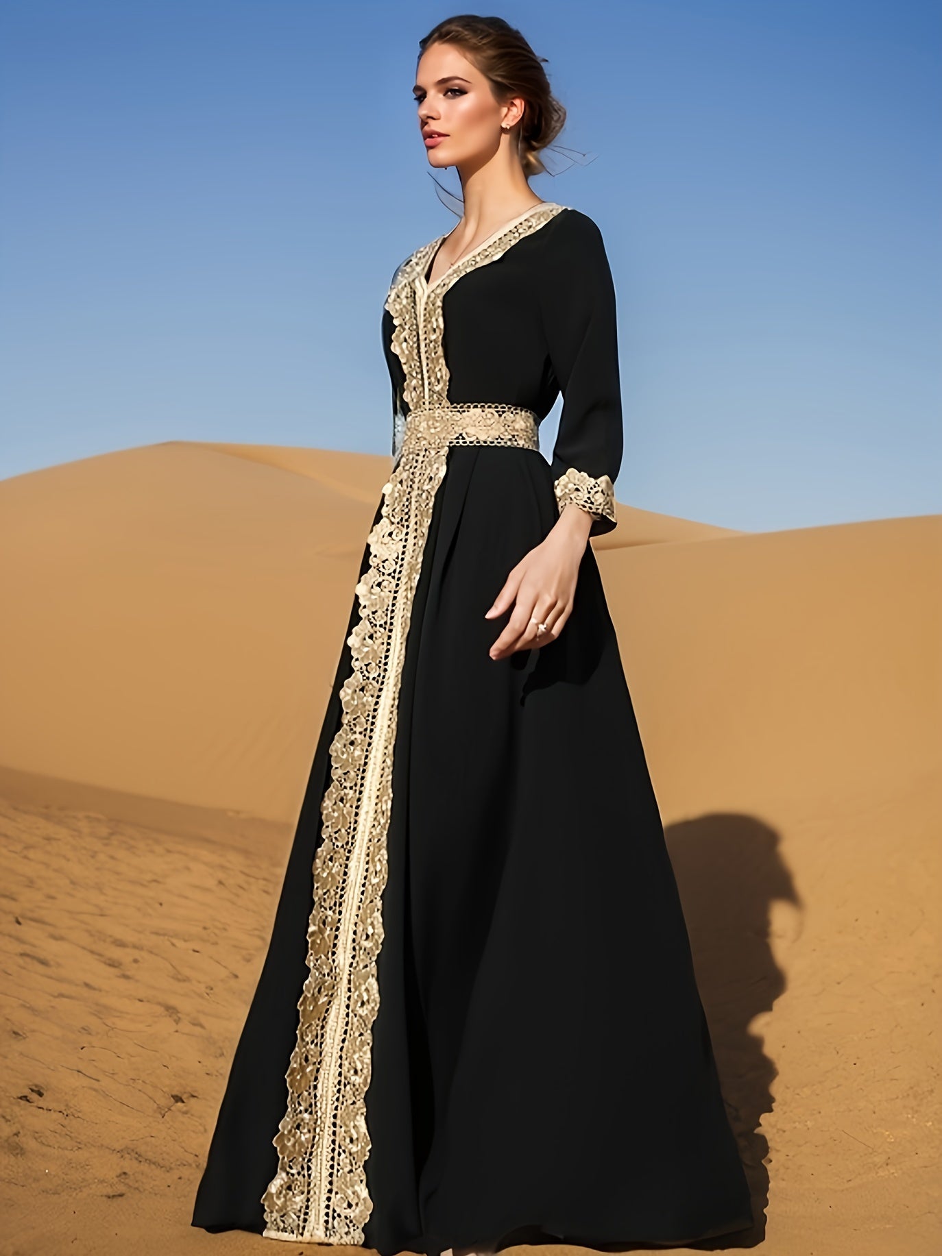 Ramadan Lace Trim V Neck Kaftan, Elegant Long Sleeve 'MH