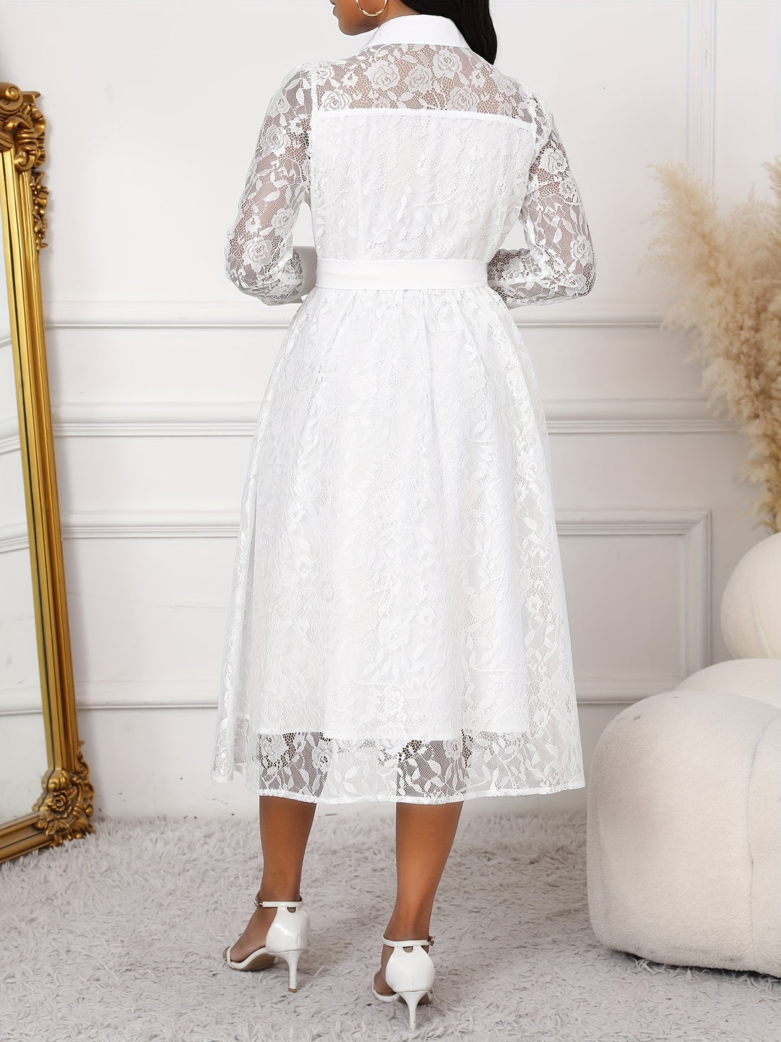 Contrast Lace Belted Button Front Shirt Dress, /MH