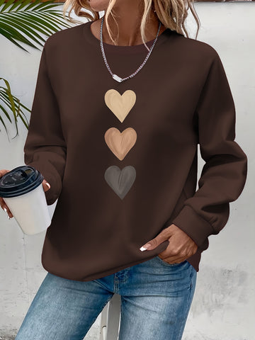 Women'S Long Sleeve Sweatshirt - Soft Pullover Sweater with Brown Heart Pattern,