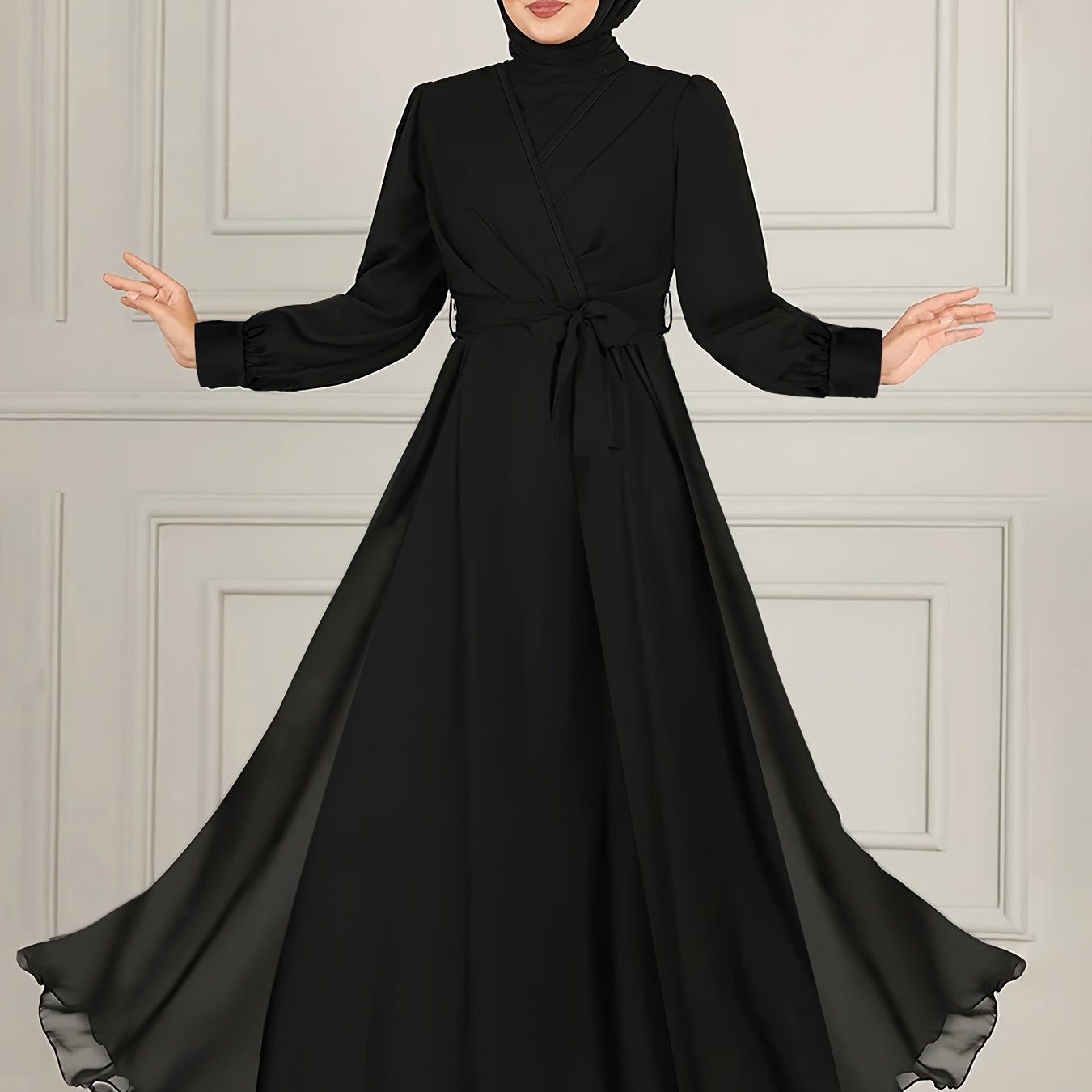Belted Solid Kaftan, Elegant Long Sleeve A-line Dress, Women's Clothing'/MH