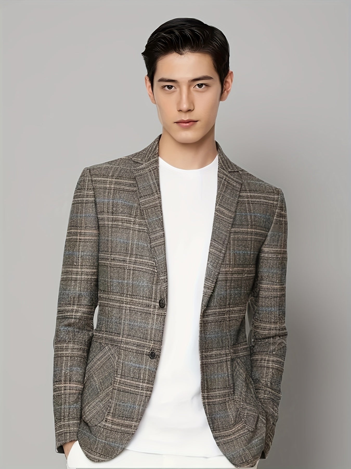 Men'S Checked Pattern Blazer with Pockets - Formal Two-Button Lapel,