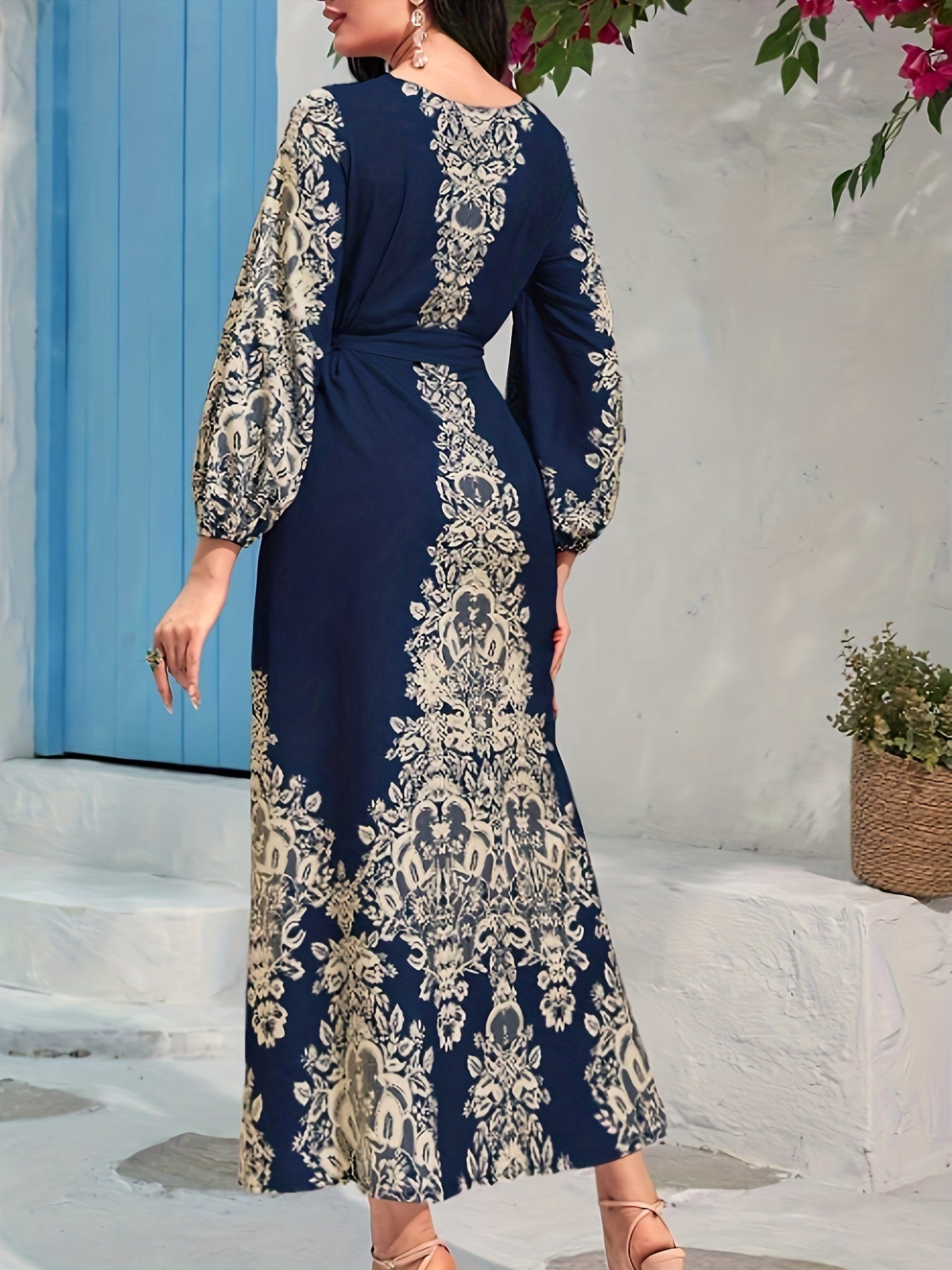 Graphic Print Tie Waist Kaftan Dress, /MH