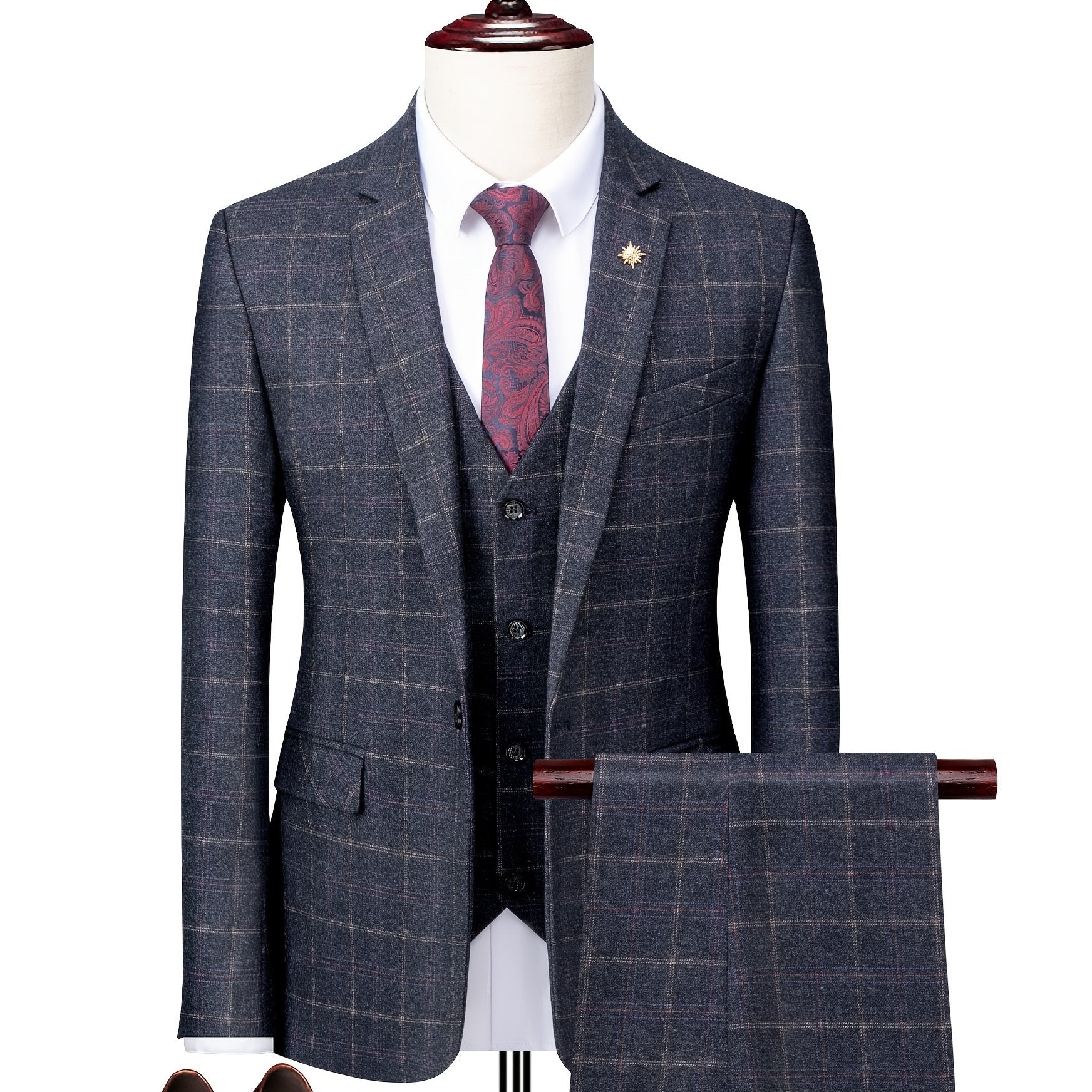 3pcs Men's Plaid Pattern Dress Suit Set, Notch Lapel Collar Blazer.