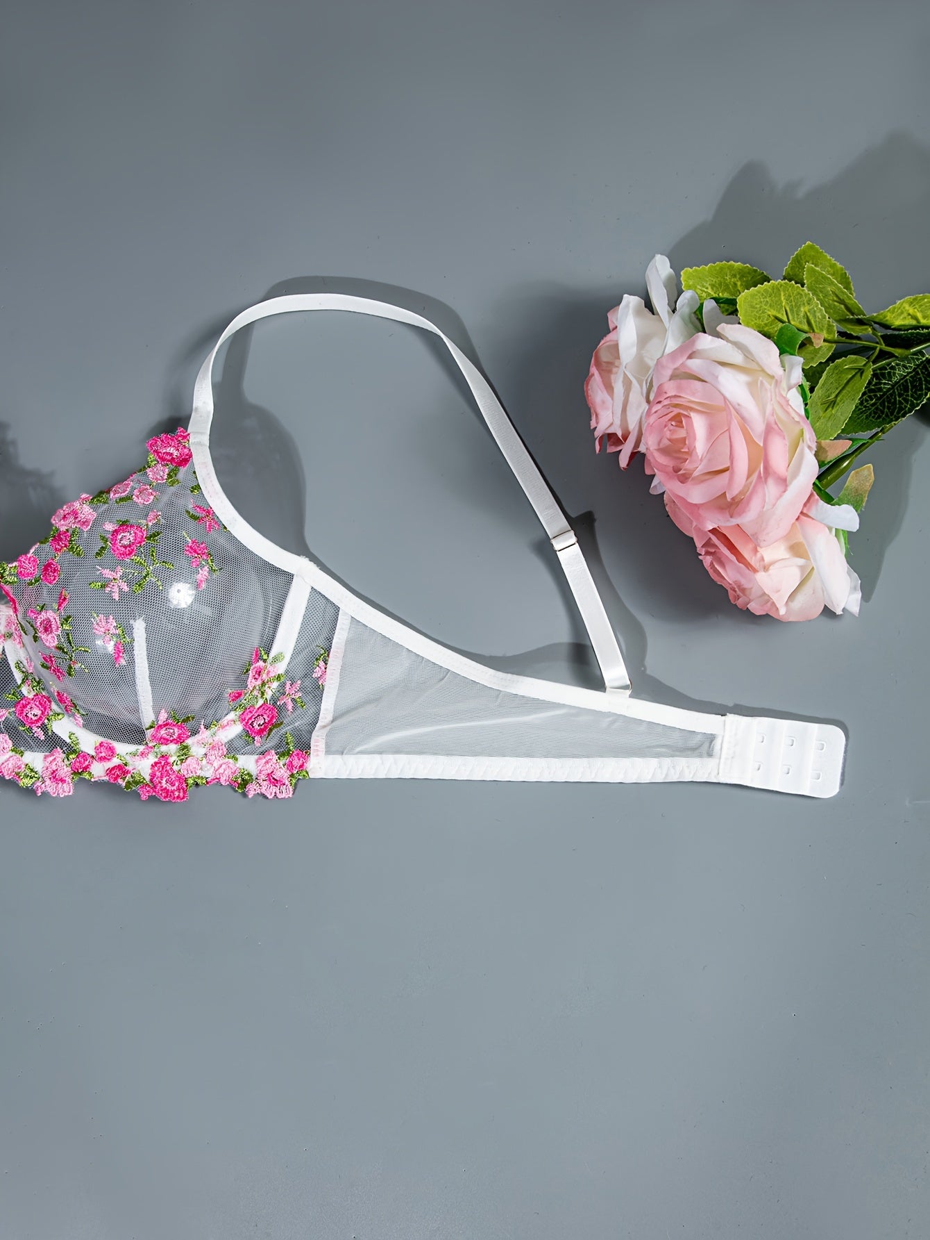 1 Set Floral Embroidery Lingerie Set, Mesh Semi Sheer Bra & Panties,/MH