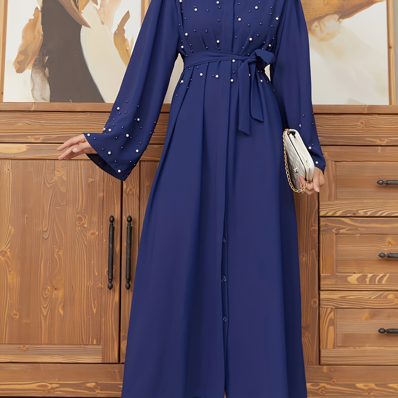 Elegant Navy Blue Abaya with Pearl Embellishments and Belt -/MH