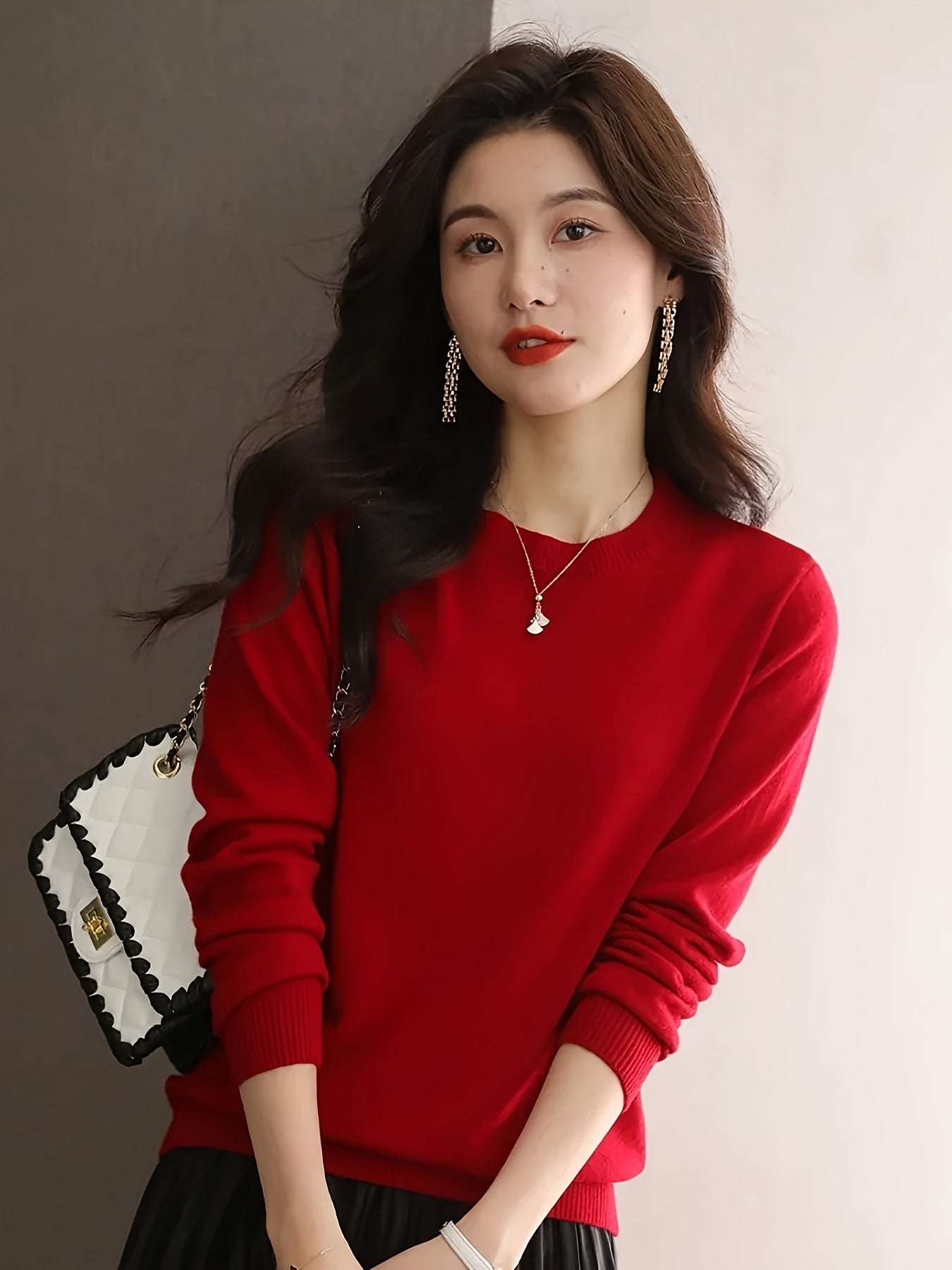 1pc Women'S 100% Wool Crew Neck Long Sleeve Knit Sweater,