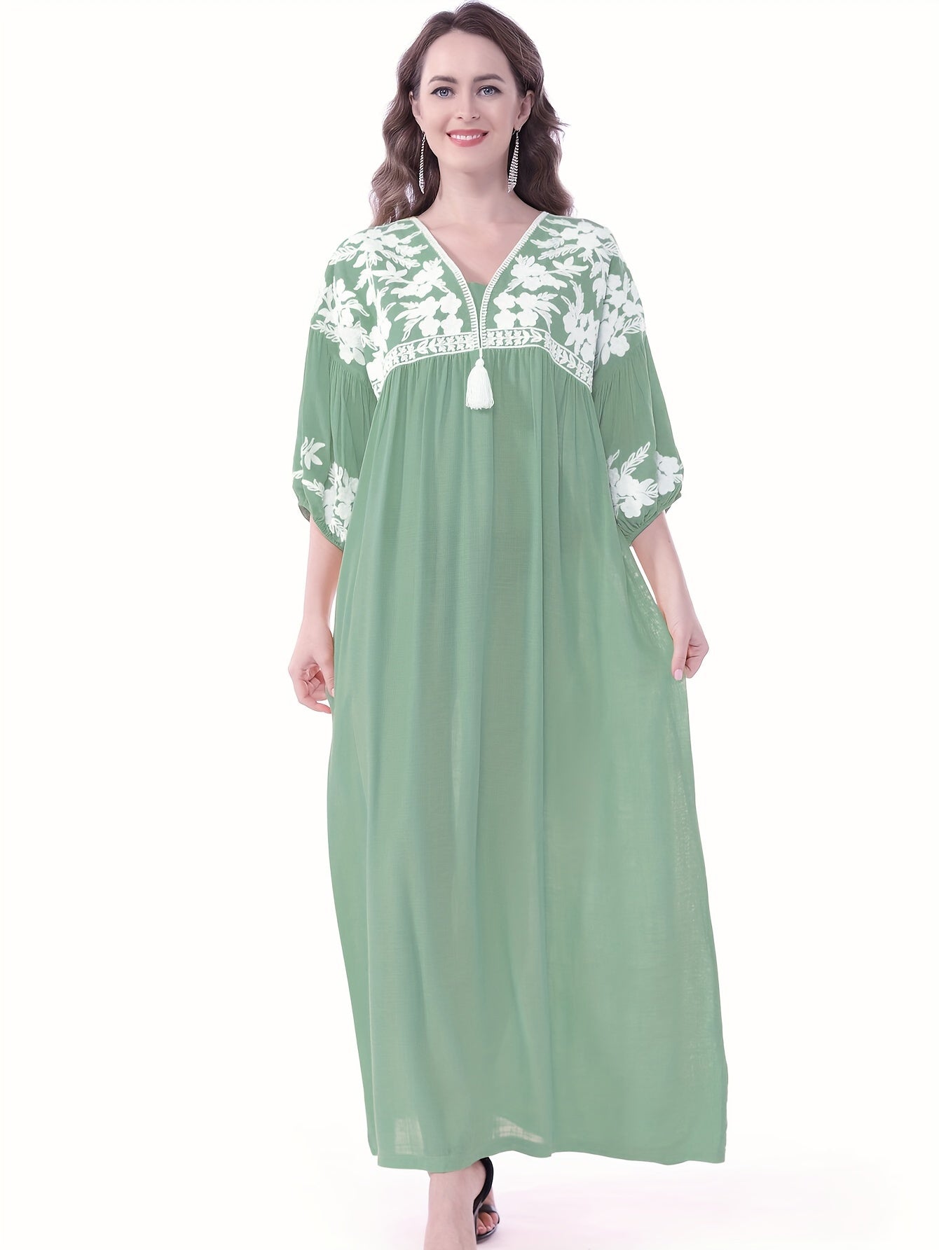 Themed Green Dress with White Floral Embroidery - ./MH