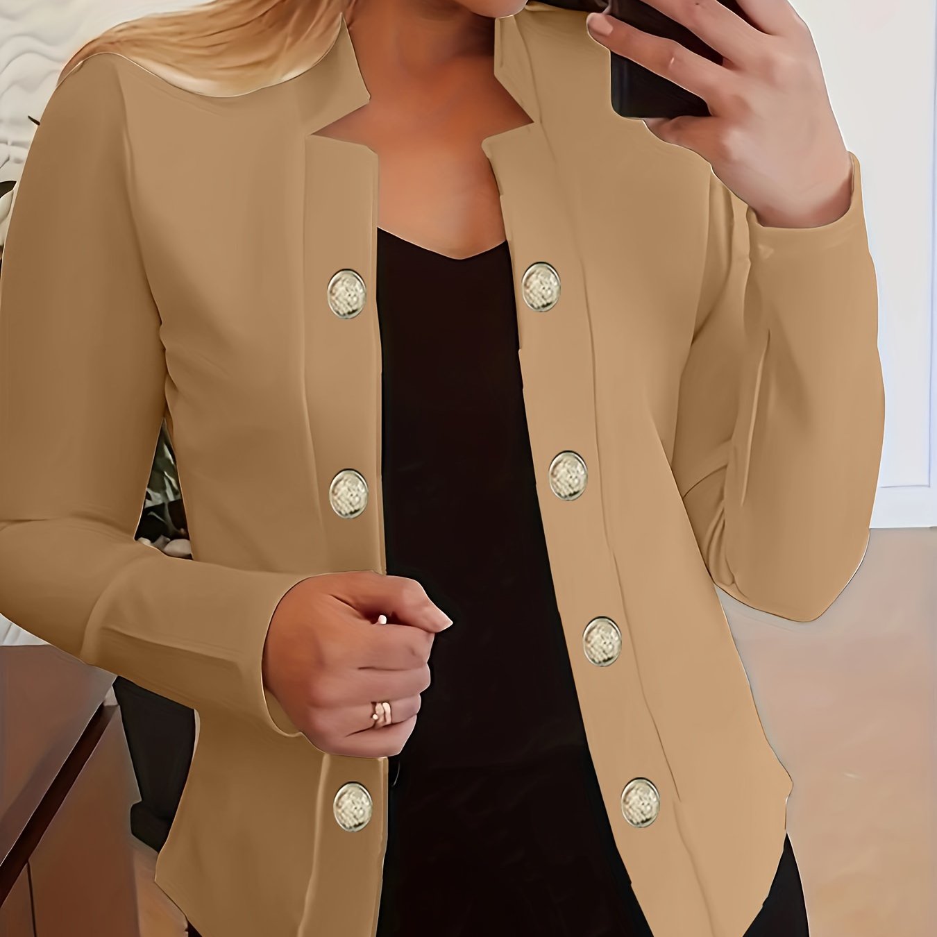 Button Decor Open Front Blazer, Casual Long Sleeve.