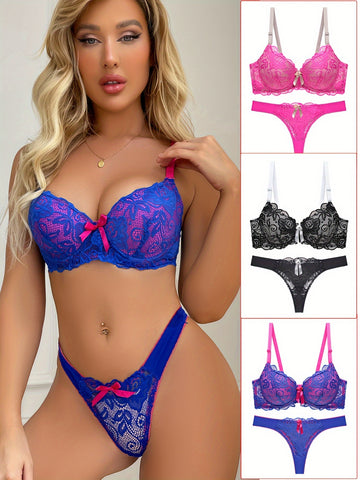 3sets Sexy Bow Decor Bra & Floral Lace Panty, /MH
