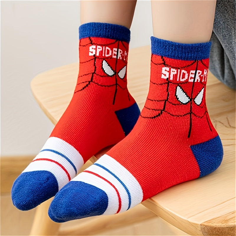5 Pairs Of Boy's Cotton Spiderman Cartoon Design Crew Socks, /MH