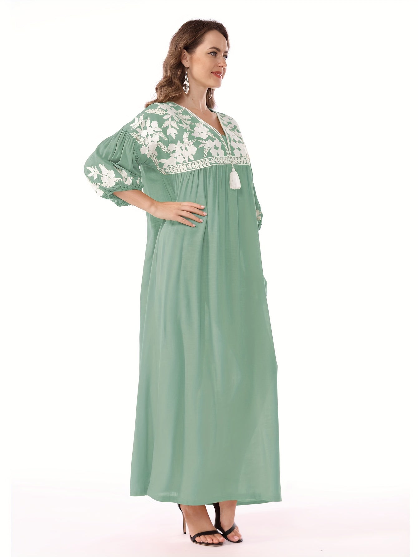 Themed Green Dress with White Floral Embroidery - ./MH