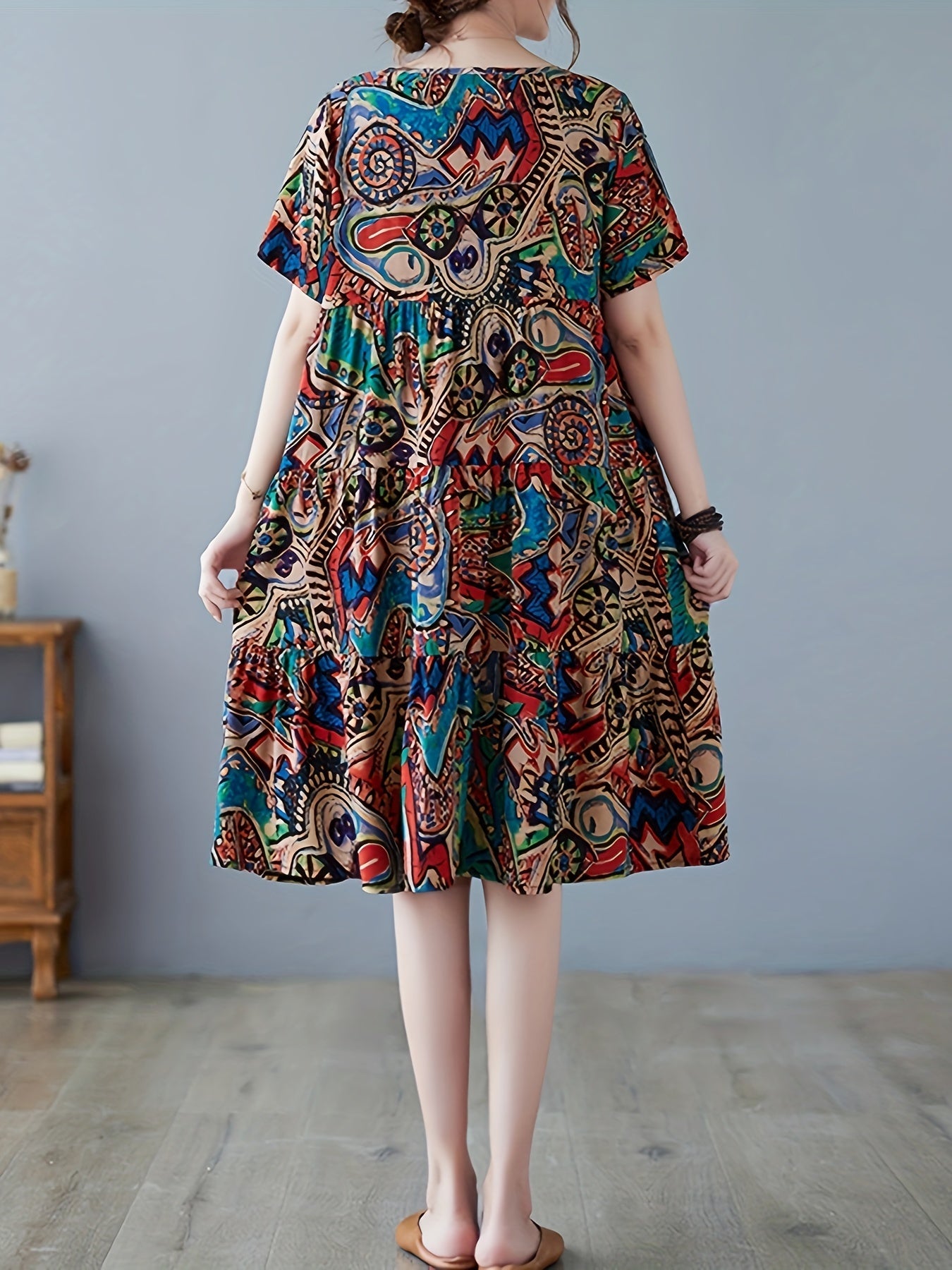 Paisley Print Crew Neck Dress, Casual Short Sleeve Loose Fit Dress./MH