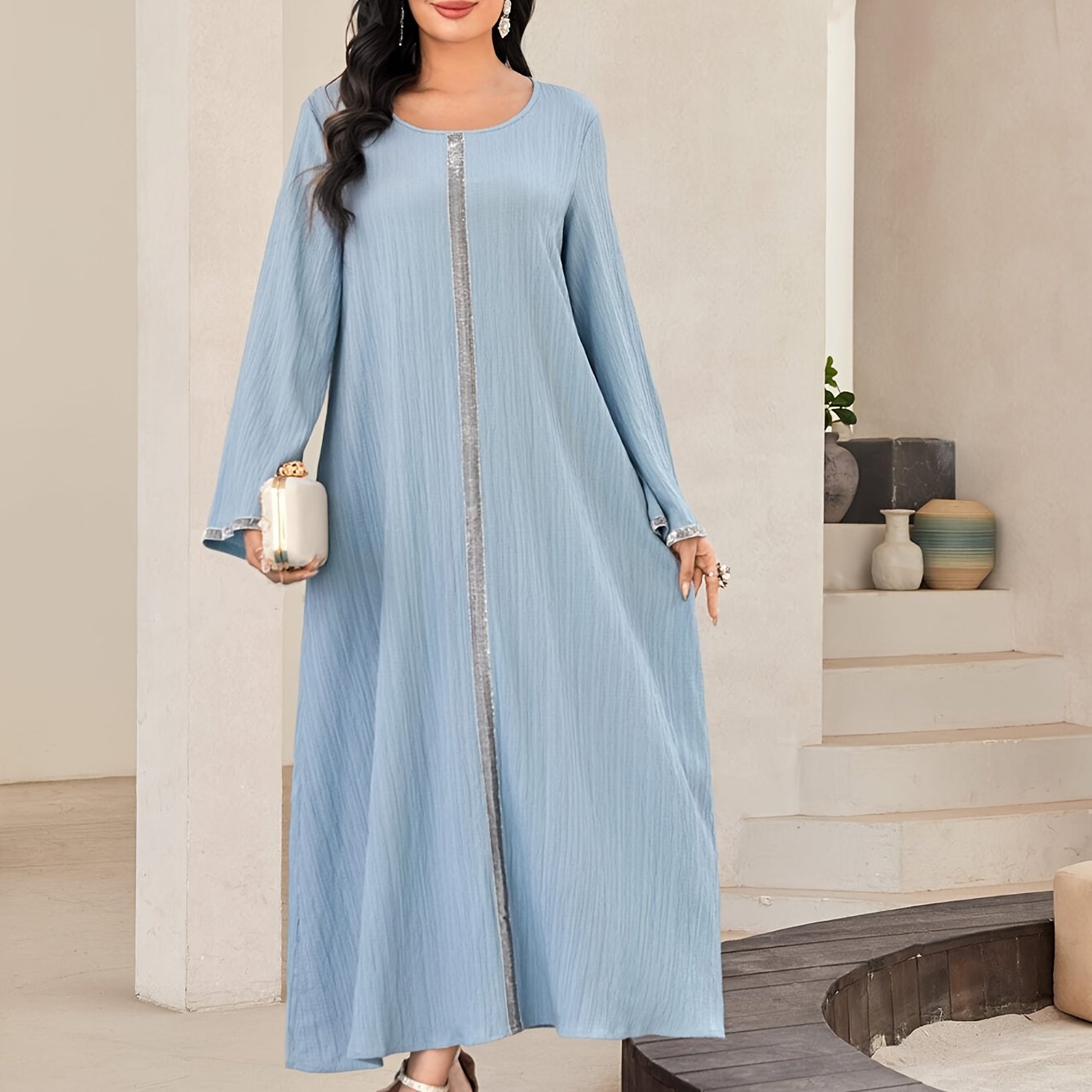 Contrast Trim Crew Neck Kaftan Dress, /MH