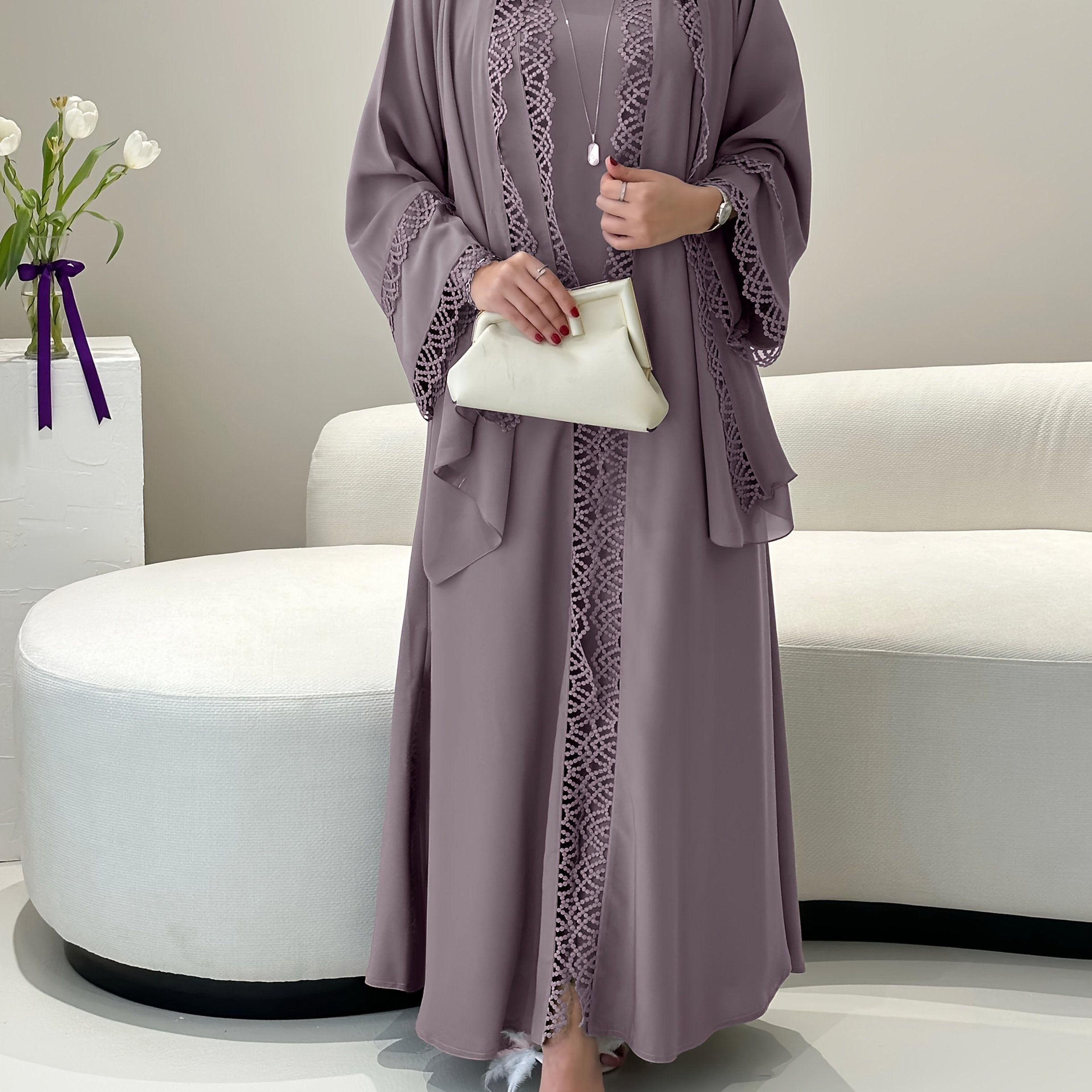 2pcs Set with Lace Trim Muslim Kaftan Plus Sleeveless Vest Skirt, / MH