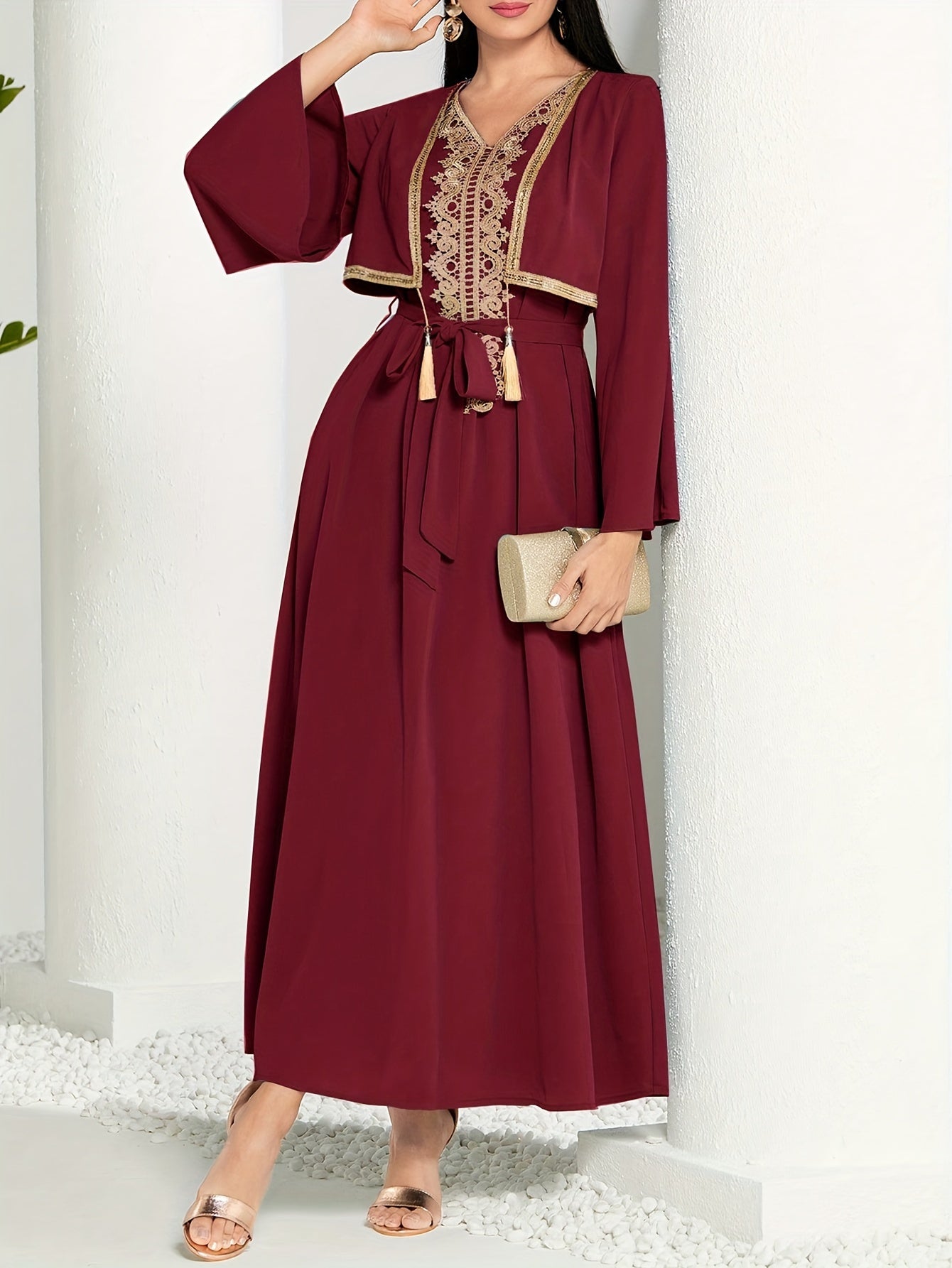 2 In 1 Lace Trim V-neck Kaftan Dress, /MH