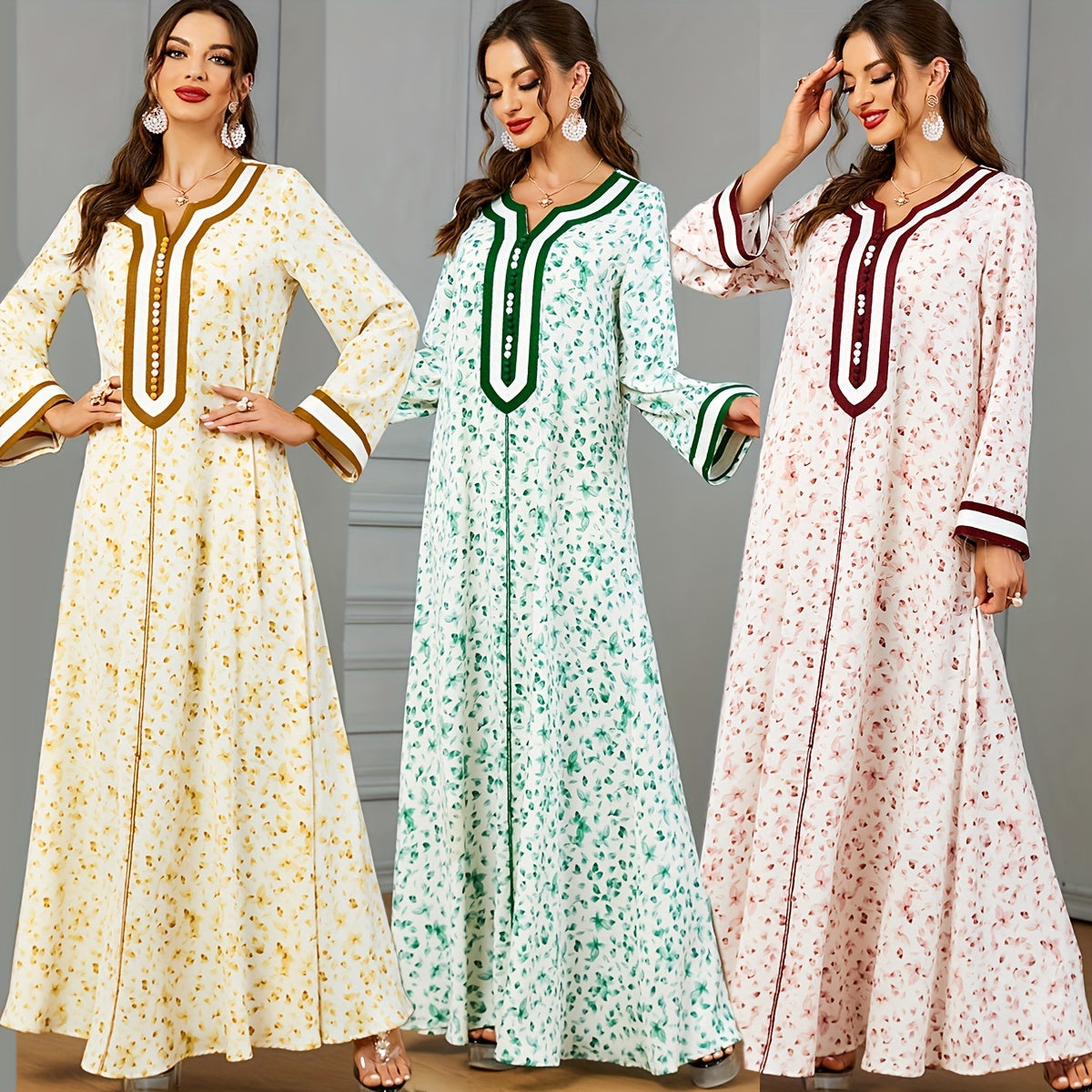 Floral Print Notch Neck Kaftan, Elegant Long Sleeve Maxi women fashion ;/MH