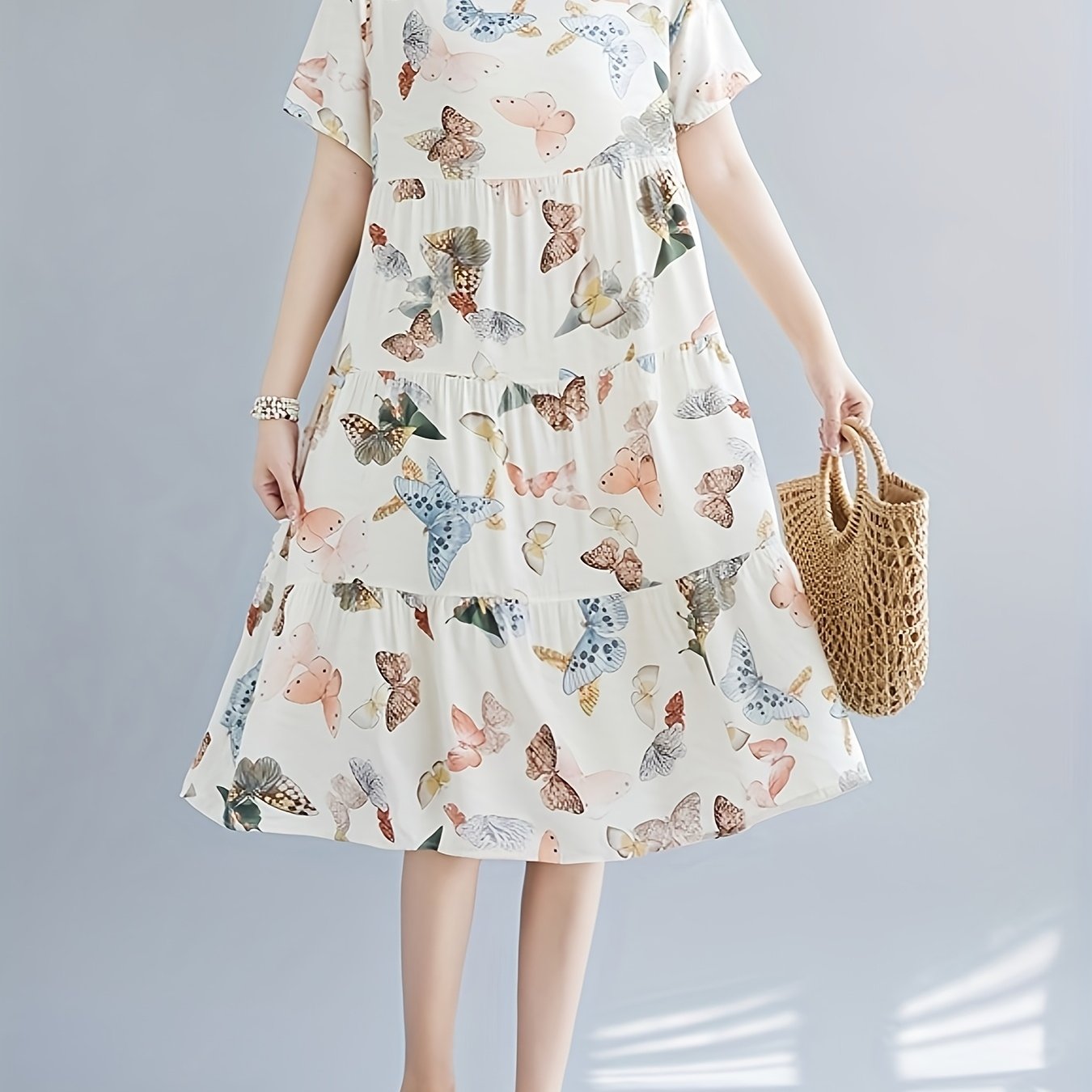 Paisley Print Crew Neck Dress, Casual Short Sleeve Loose Fit Dress./MH