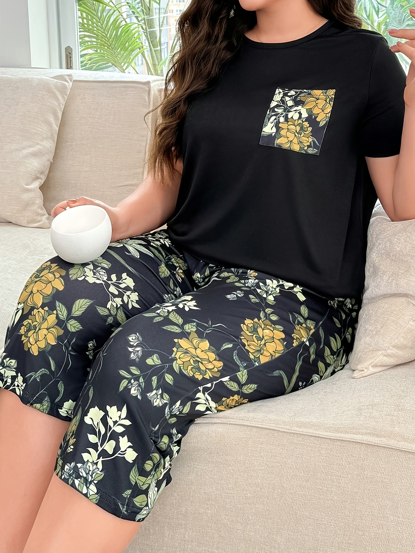[Plus Size Pajama] Plus Size Round Neck Pocket T-Shirt ./MH