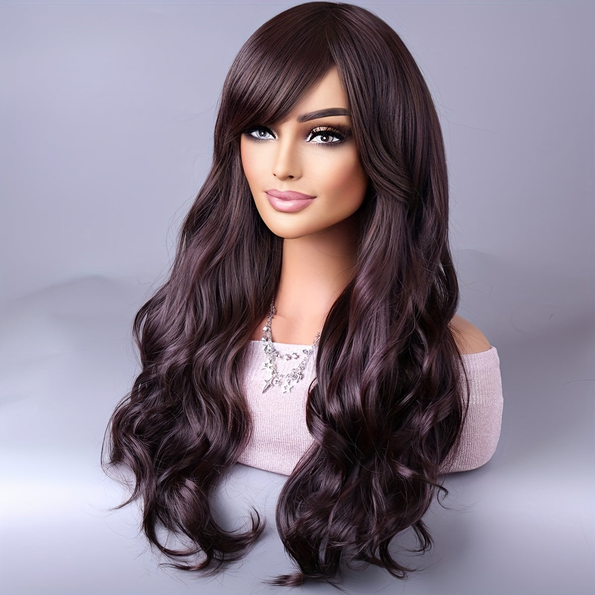 Long Reddish Brown Curly Wig With Bangs For Women Curly Wavy Wigs Synthetic Heat Resistant Fiber For Daily Party Cosplay Use