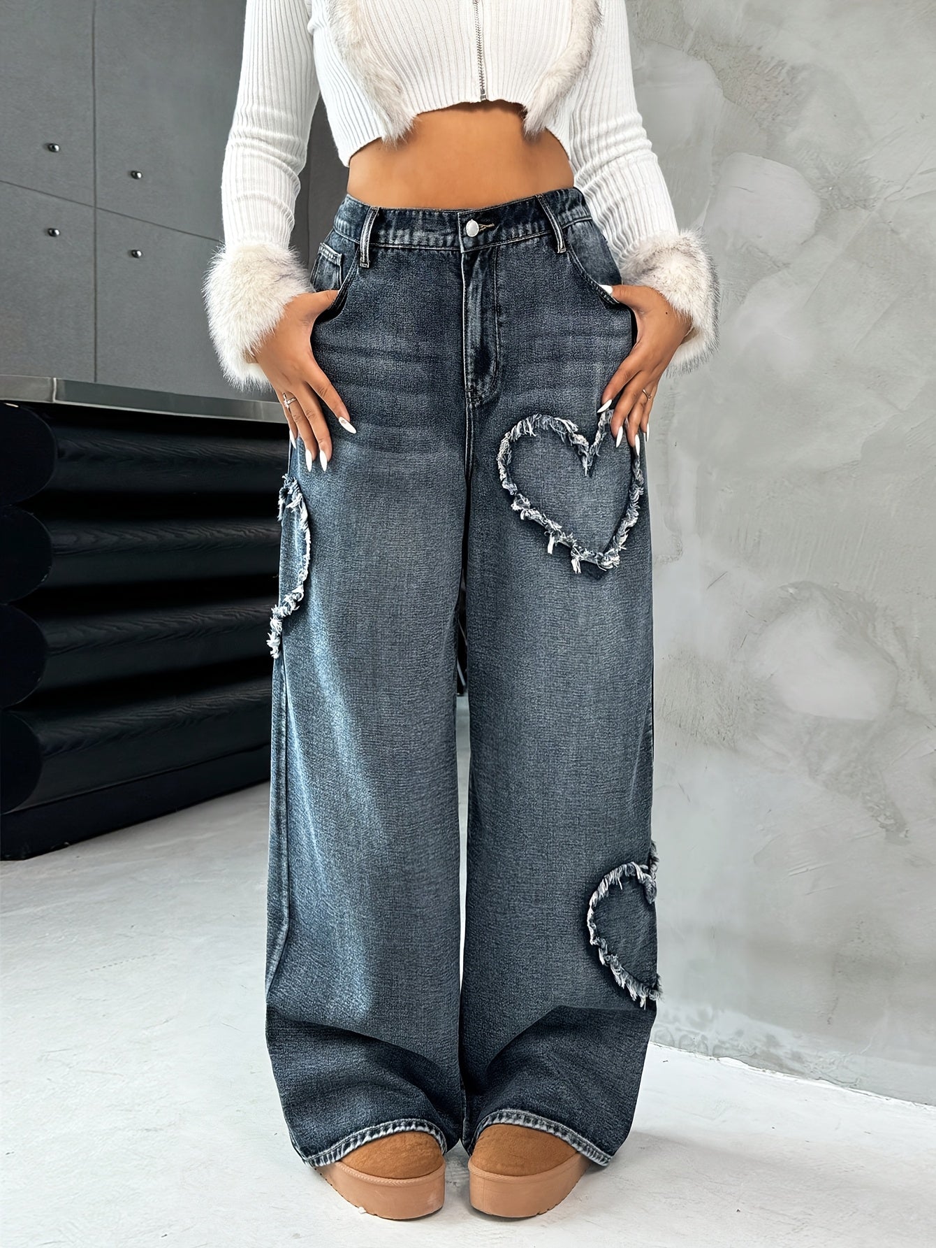 Women's  New Heart-Shaped Straight-Leg Wide-Leg Jeans -./MH