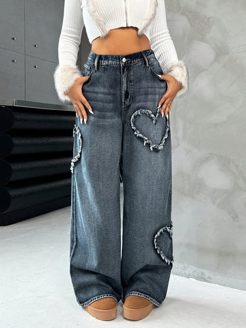 Women's  New Heart-Shaped Straight-Leg Wide-Leg Jeans -./MH