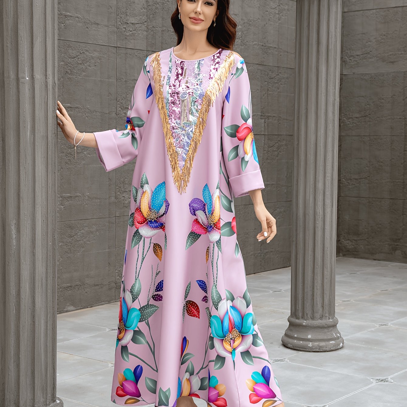 1pc Elegant Floral Abaya Dress for Women, Long Sleeve '/MH