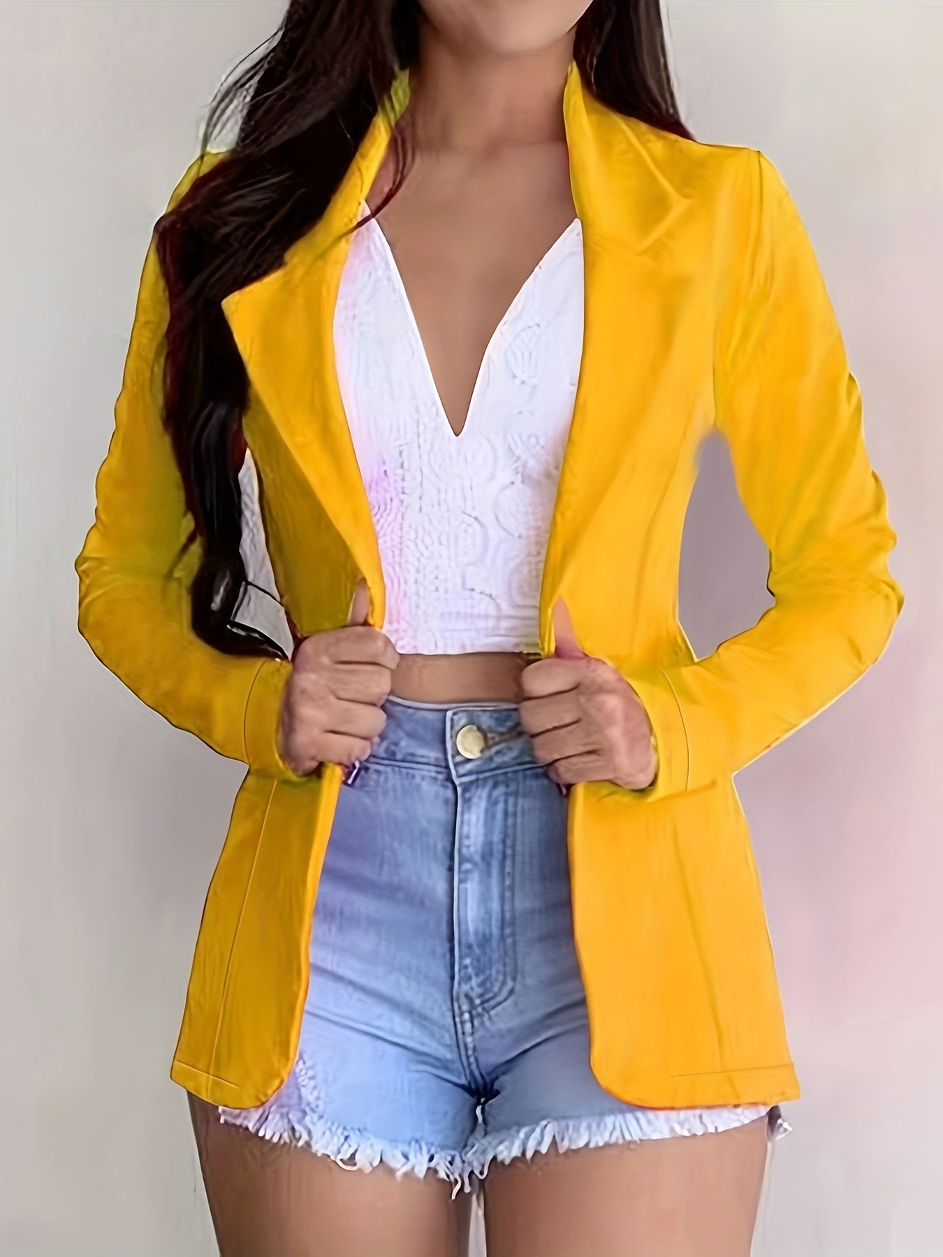 Solid Lapel Button Long Sleeve Blazer Jacket, Casual Loose .