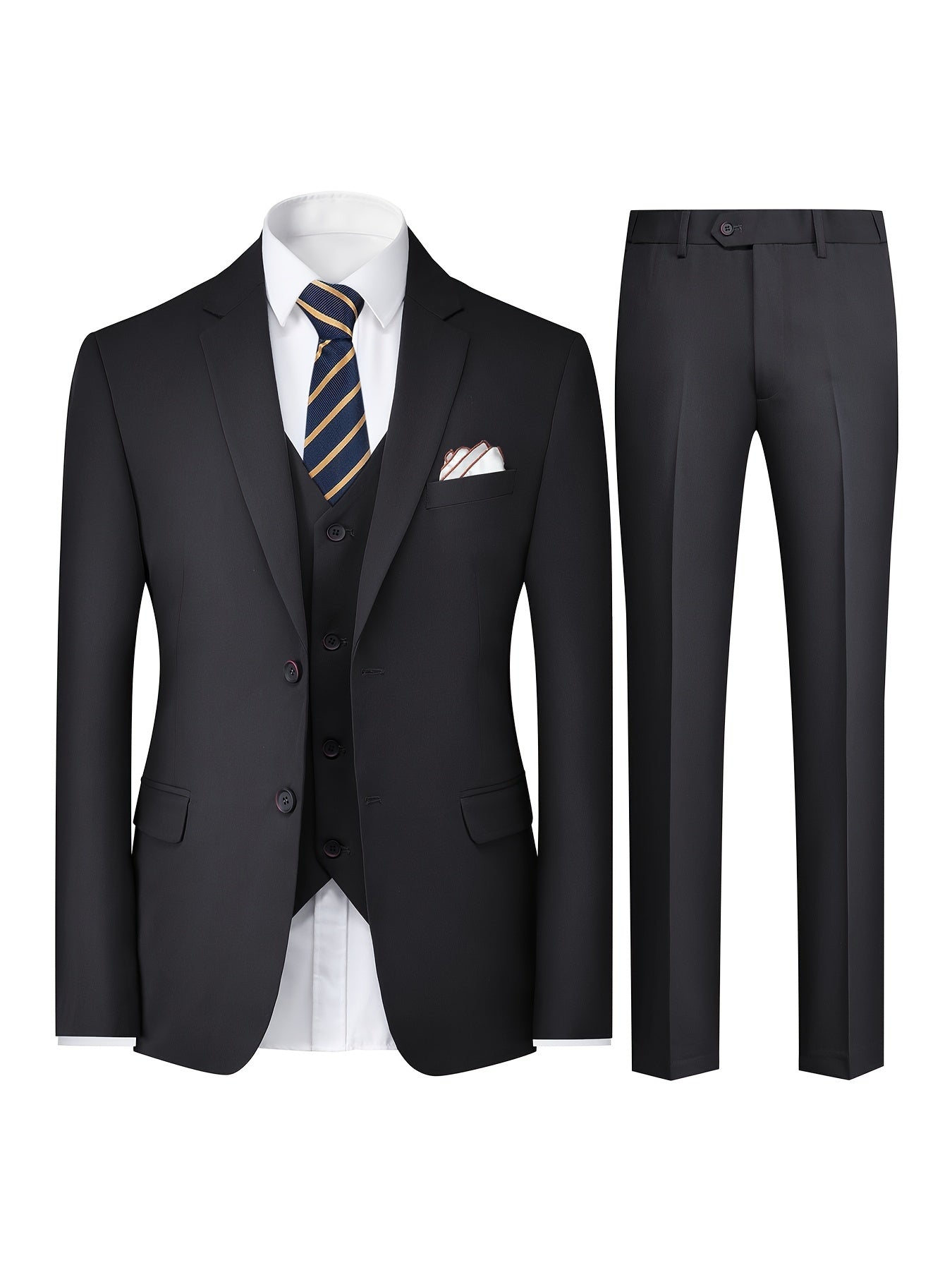 3-Piece Men's Solid Color Suit Set, Blazer Jacket + Vest + Pants,