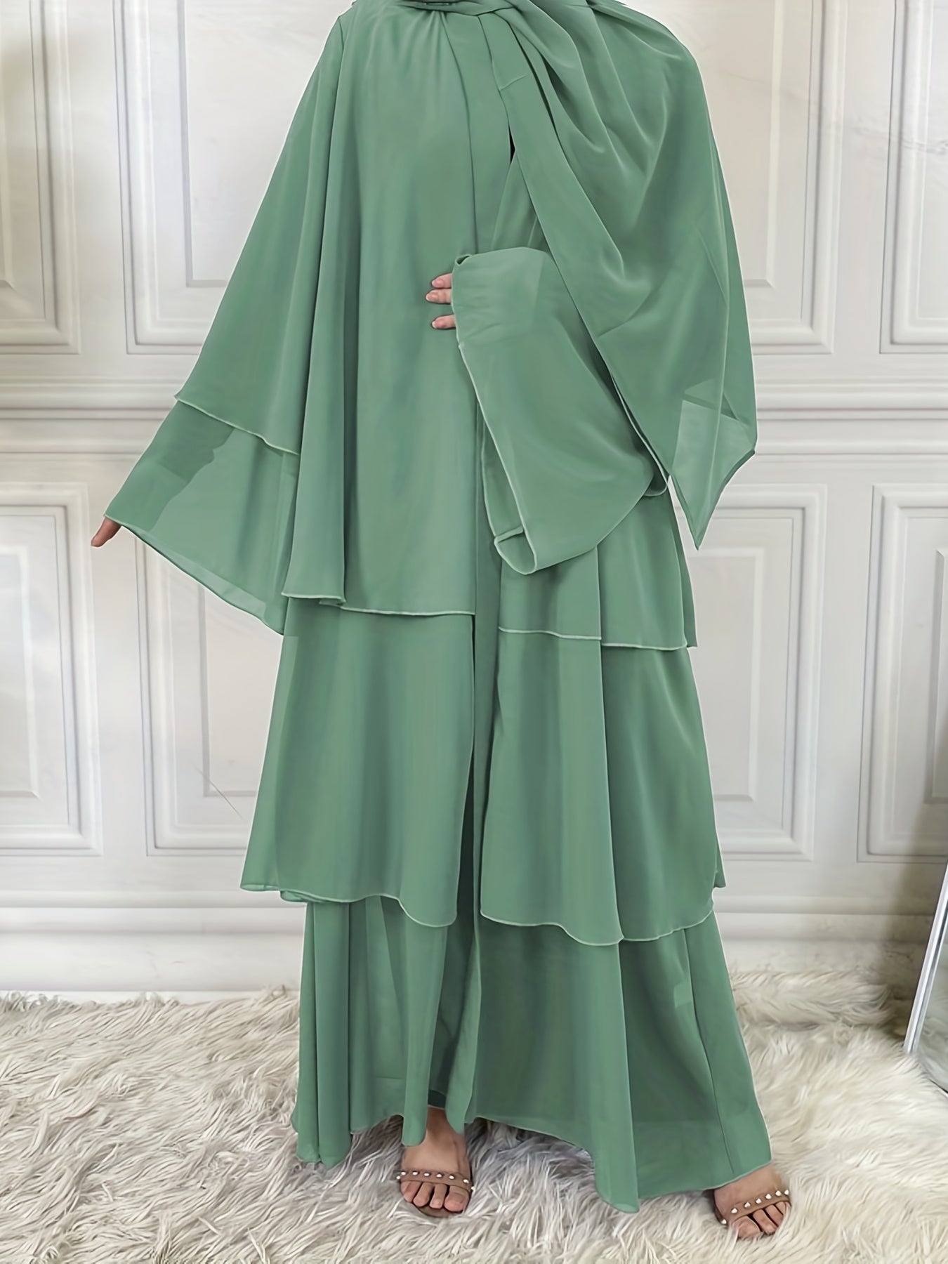 Layered Open Front Modest Dress, Long Sleeve Muslim Dress'/MH