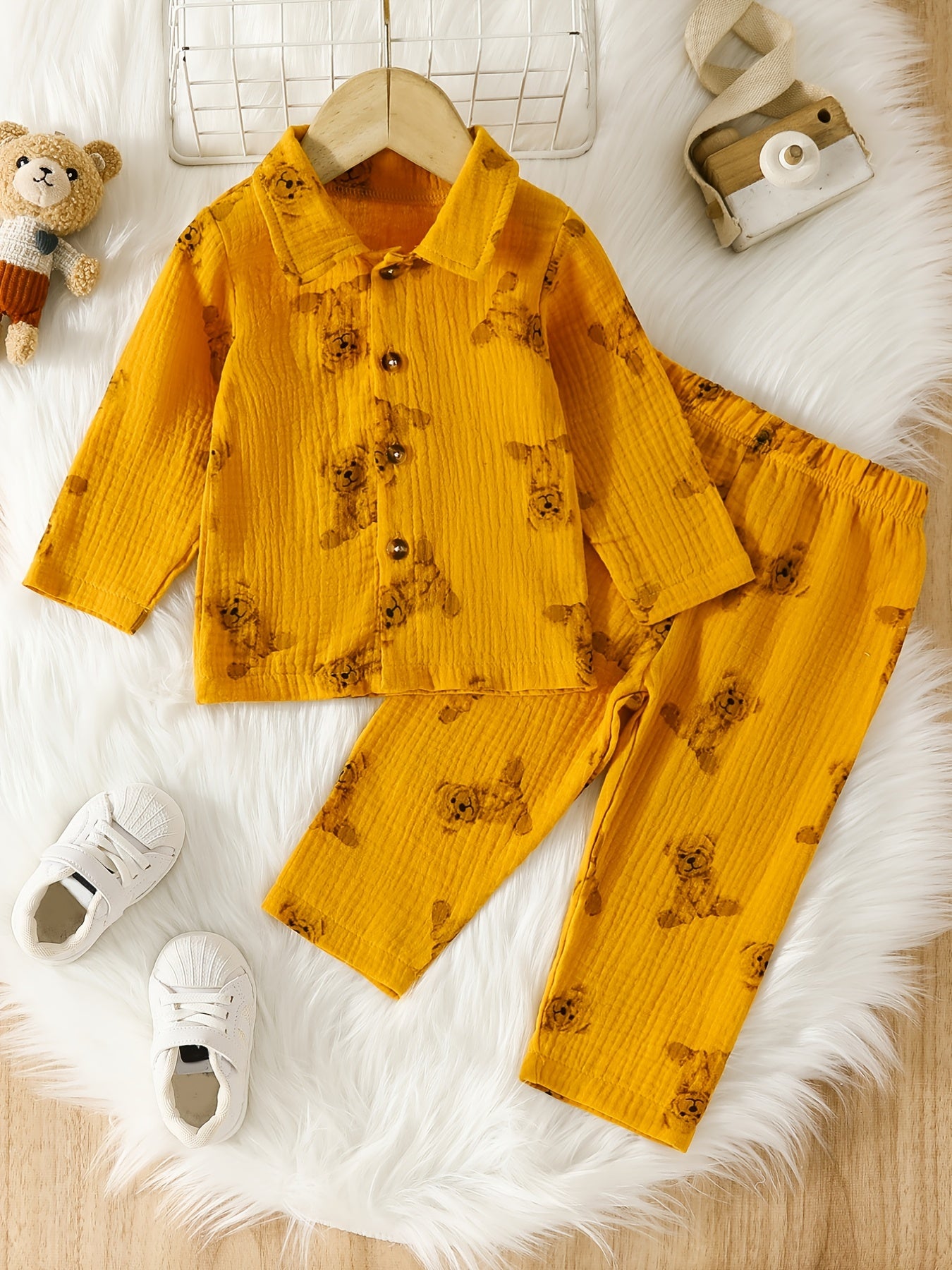 Baby's Cute Cartoon Graphic Pajamas Set Long Sleeve Top & Pants Outfit, Loungewear