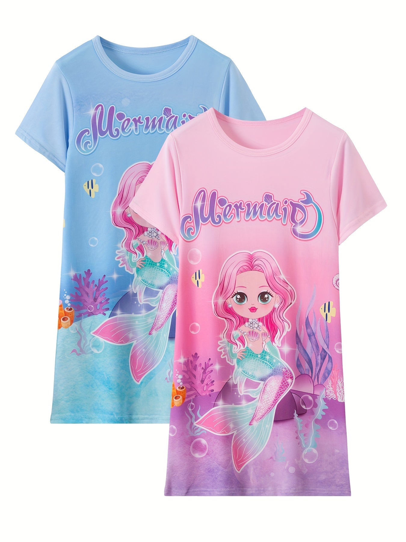 2pcs Girls Summer Cartoon Mermaid Pattern Short Sleeve.