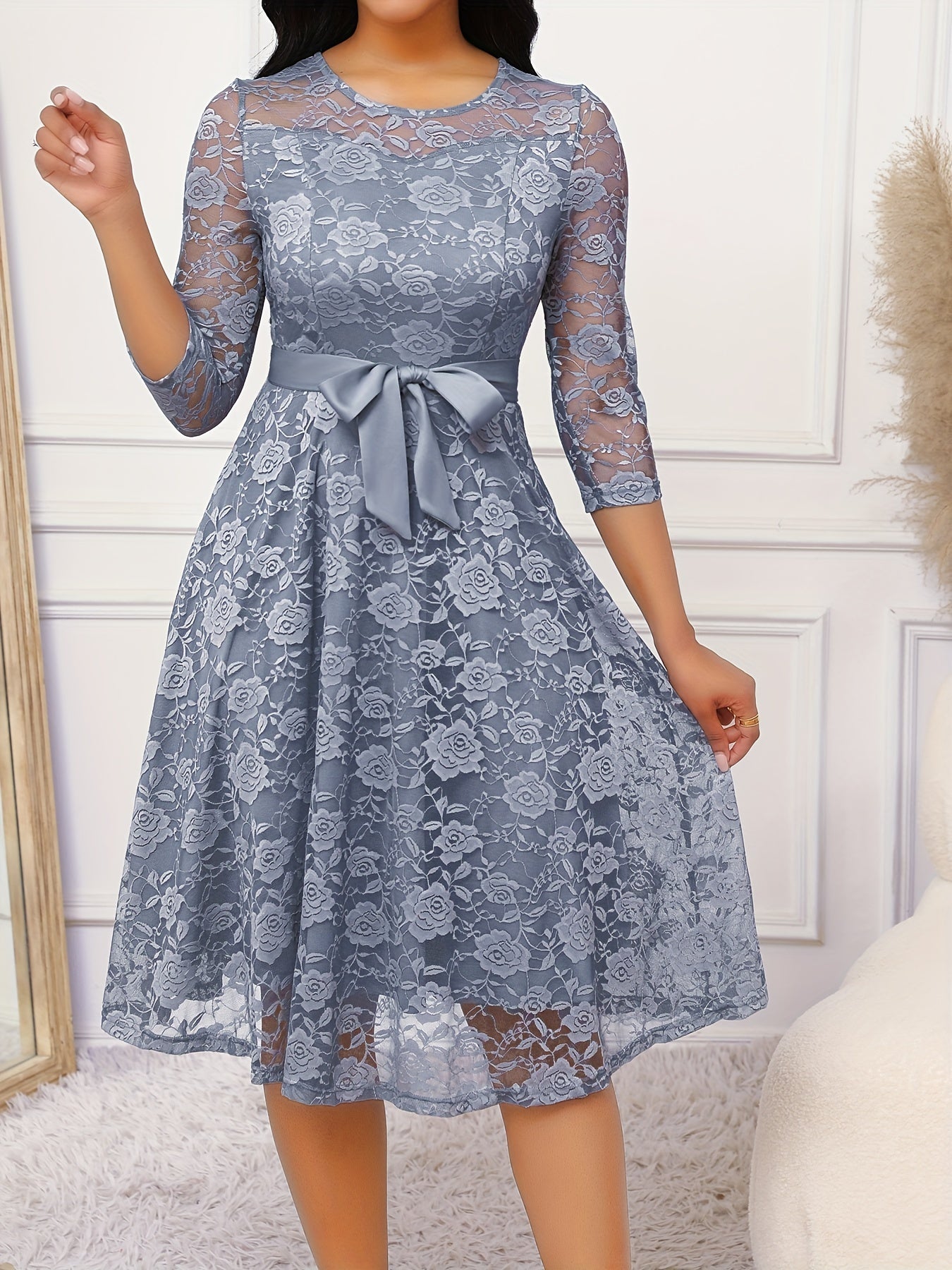 Floral Lace Ruffle Hem Belted Dress, Elegant Crew Neck 3/4 Sleeve Aline Dress ./MH