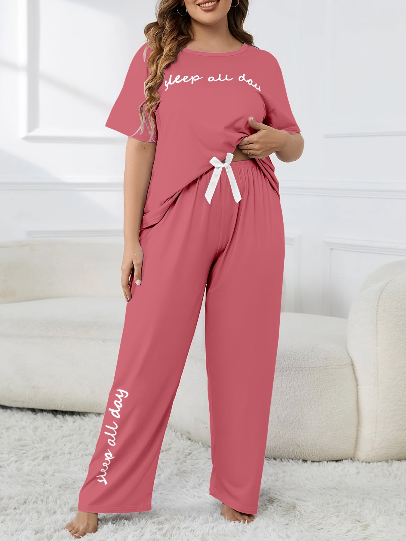 Plus Size Women's Cute Pajama Set, Plus Size Letter Print Short Sleeve Top and Pants Casual 2pcs, Plus Size Pajama Sets