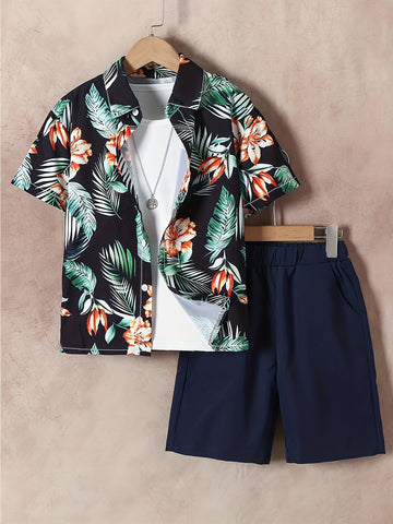 Boys Flower And Leaf Print Casual Outfit Short Sleeves Shirt & Shorts.