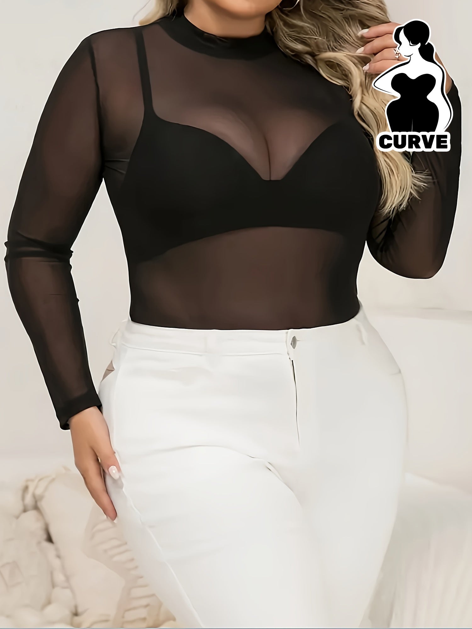 Elegant Plus Size Women's Sheer Mesh Long Sleeve ,/MH