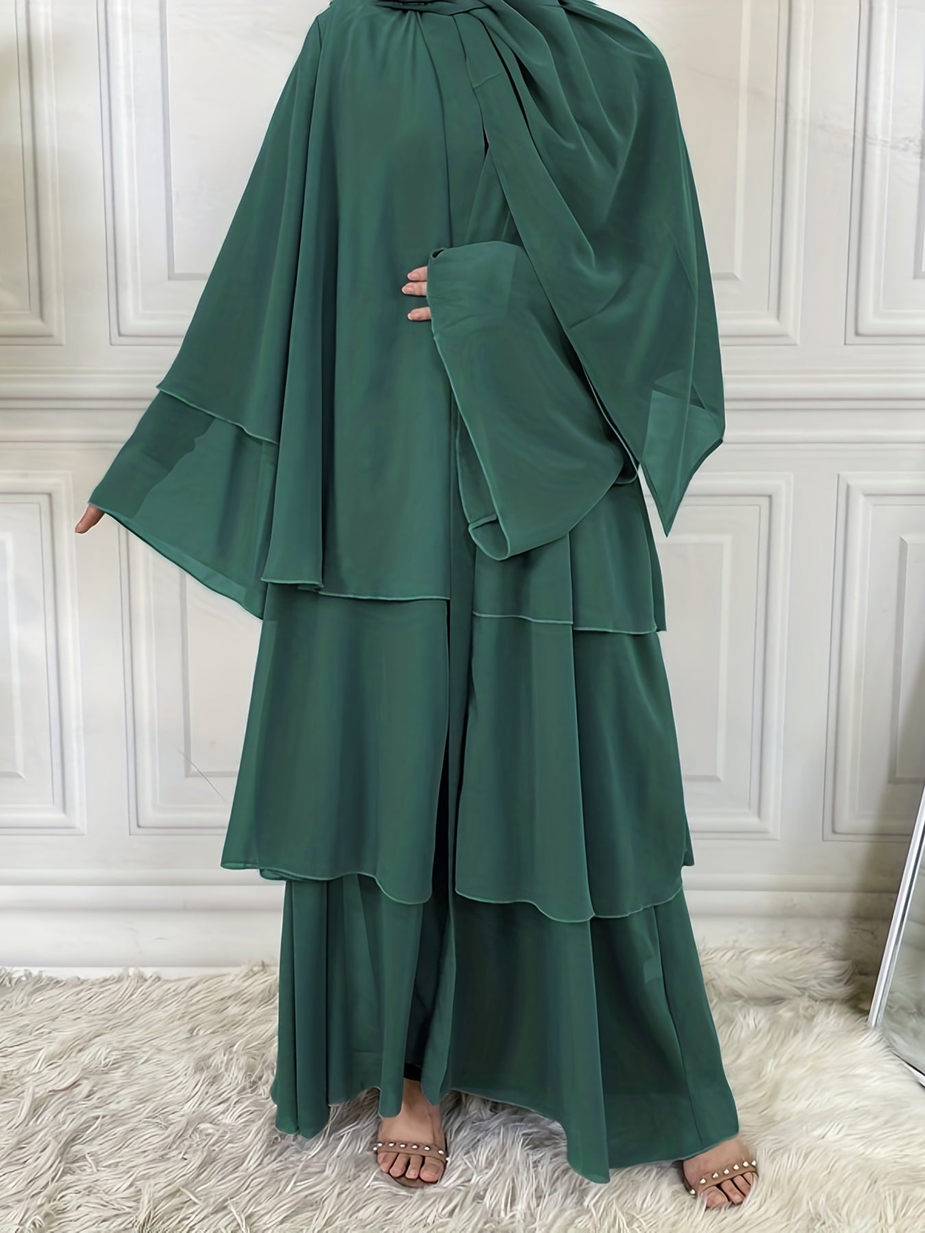 Layered Open Front Modest Dress, Long Sleeve Muslim Dress'/MH