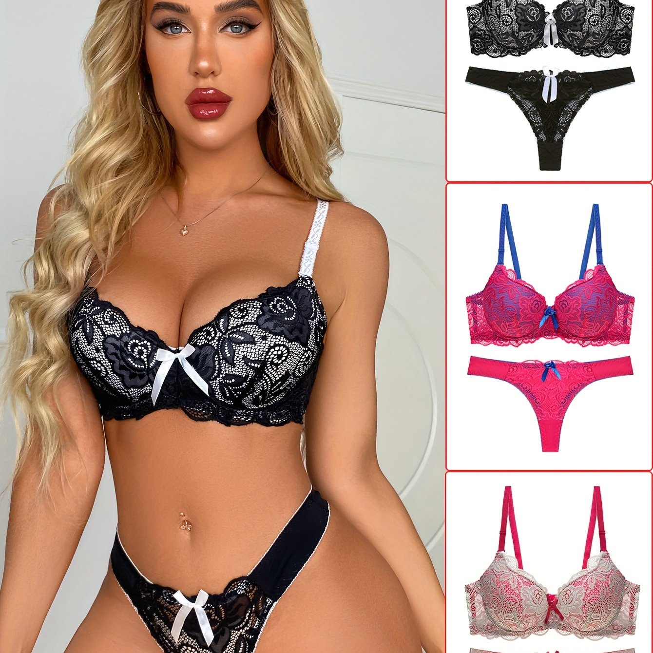 3sets Sexy Bow Decor Bra & Floral Lace Panty, /MH