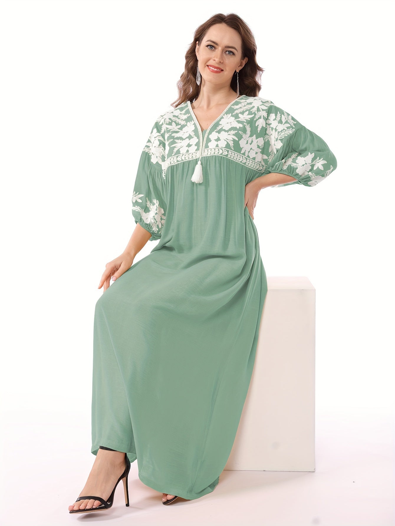 Themed Green Dress with White Floral Embroidery - ./MH