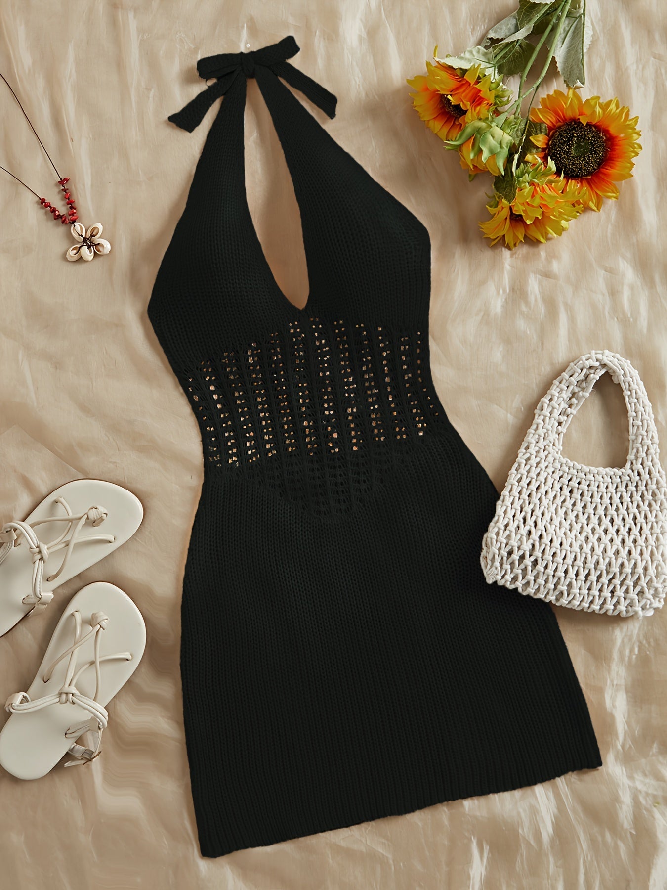 Stylish Vacay Knit Cover Up Dress - Rash Guard Shirts for Women with Halter Tie Neck and Backless Design, Swimwear and Beachwear Clothing for Summer Vacation