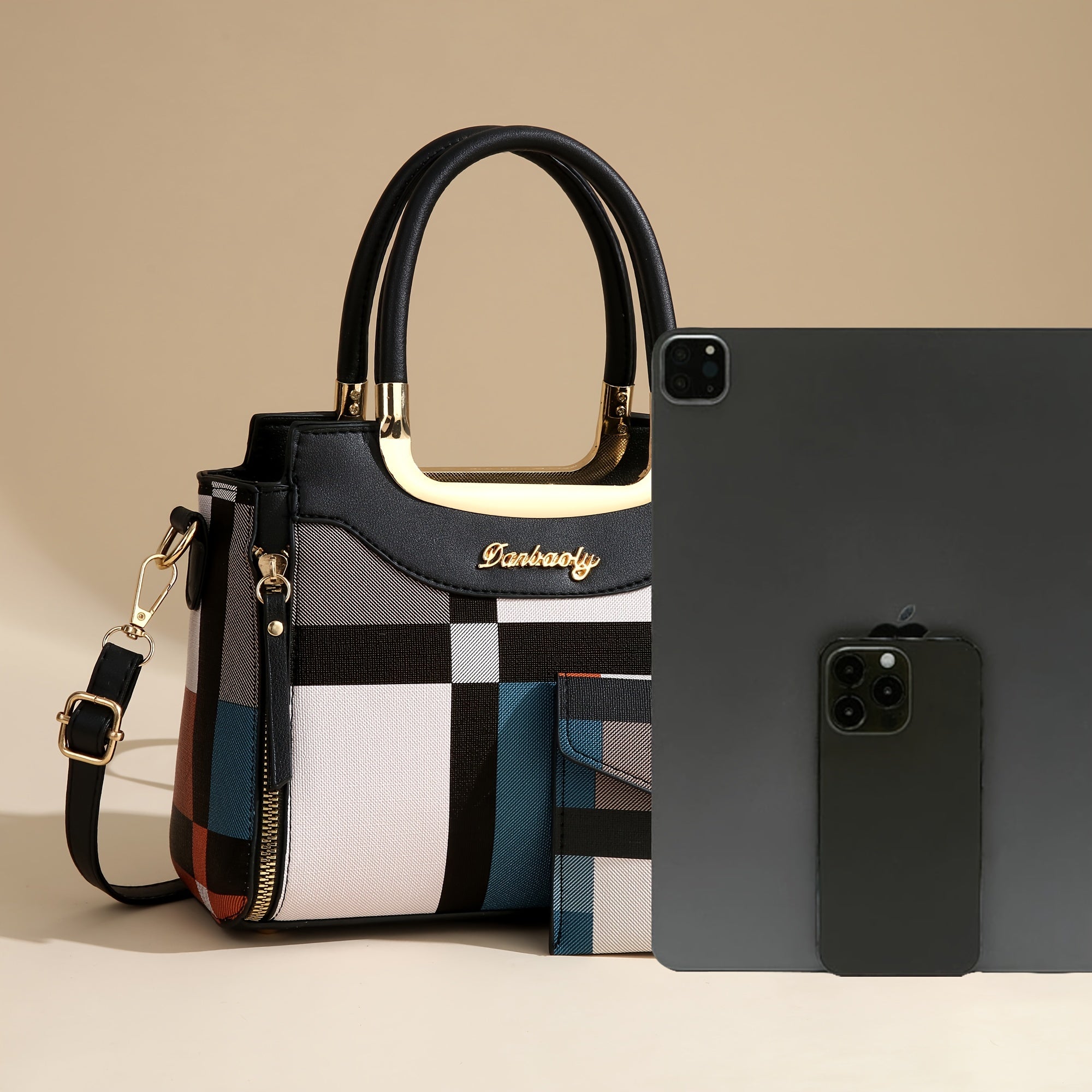 CHROSGEKEIDI Elegant Plaid Tote and Crossbody Bag Set,