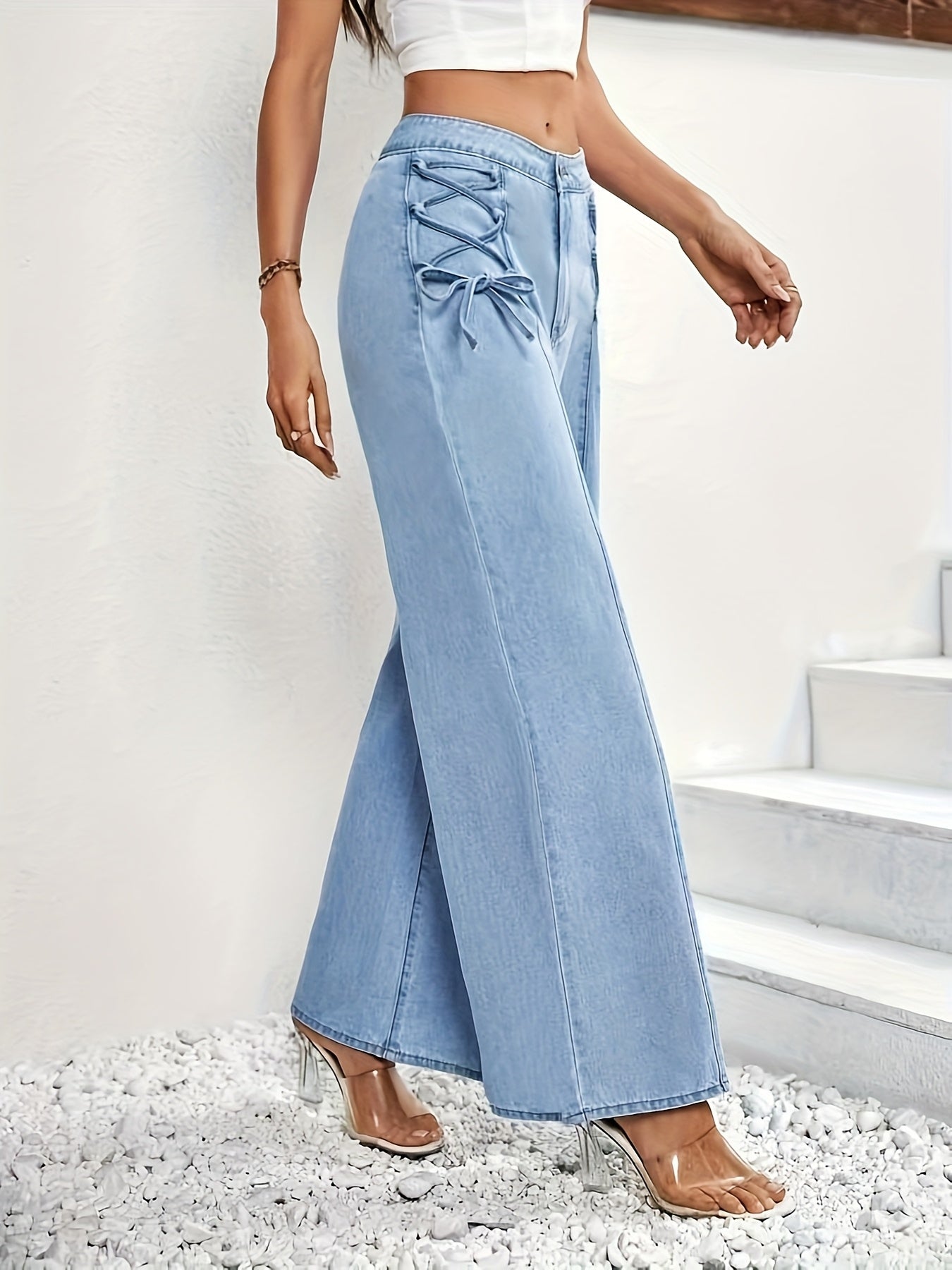 Stretch Front Tie Wide-Leg Jeans - A Stylish and Vintage- /MH