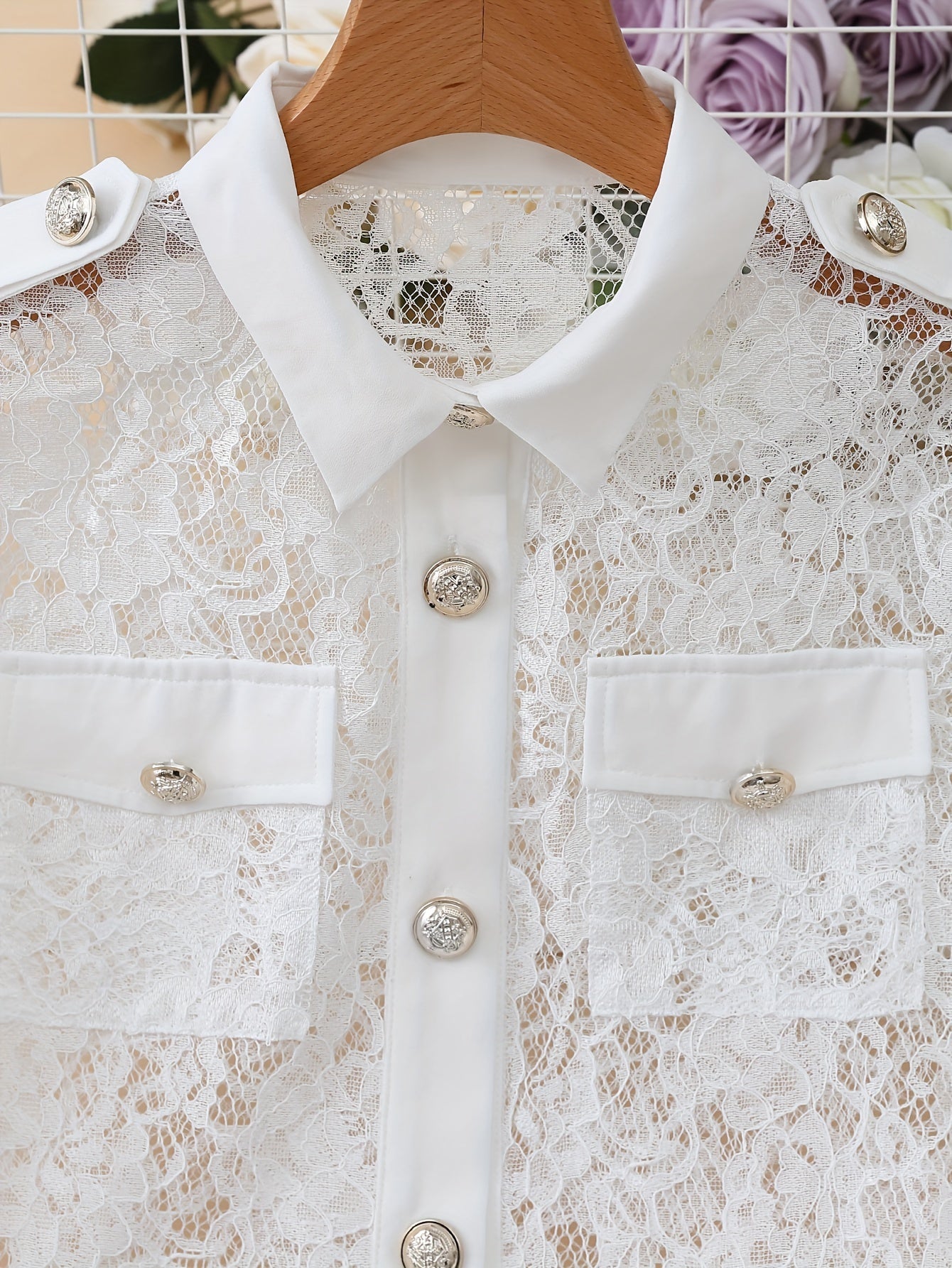 Elegant Solid Lace Pants Set, Single Breasted Flap Pockets Blazer.