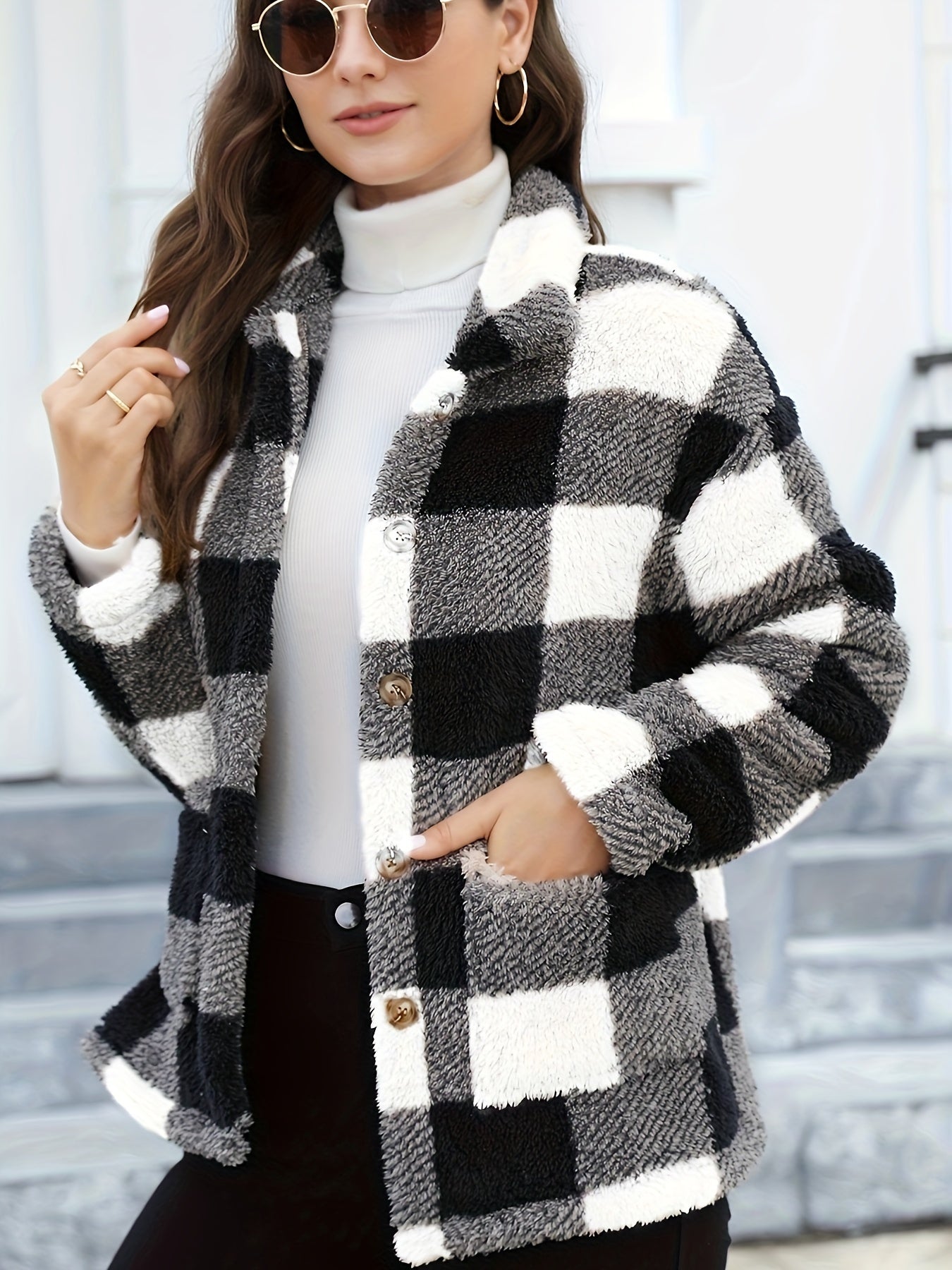 Long Sleeve Plaid Print Teddy Coat with Patched Pockets - Soft, Warm,