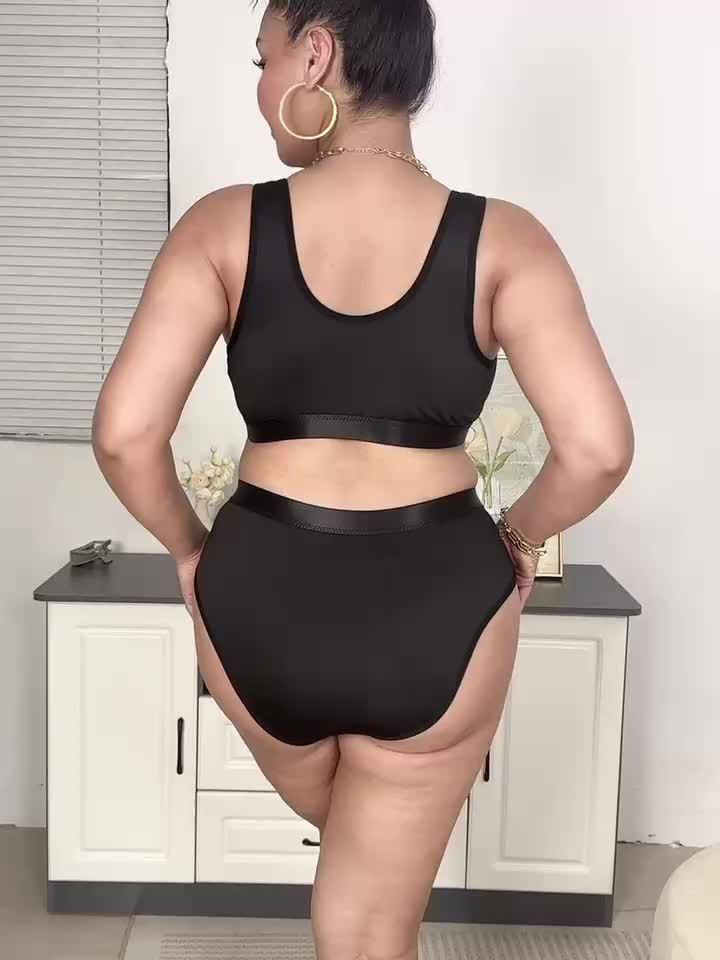 Plus Size Sexy Lingerie Set - Black & White Striped Pattern, /MH