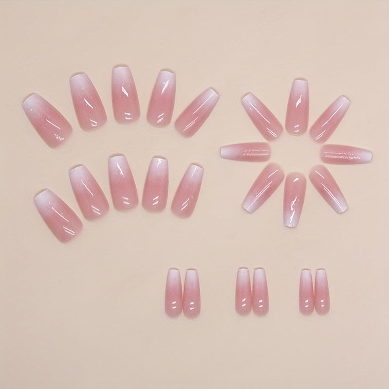 24pcs Glossy Long Ballerina Fake Nails, White And Pinkish Gradient Press On Nails, Gentle False Nails For Women Girls