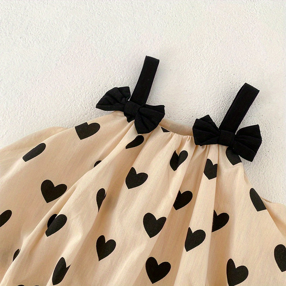 Baby Cotton Sleeveless Bowknot Decor Cami Top+Apricot Love Print Shorts 2pcs Set For Toddler Girls